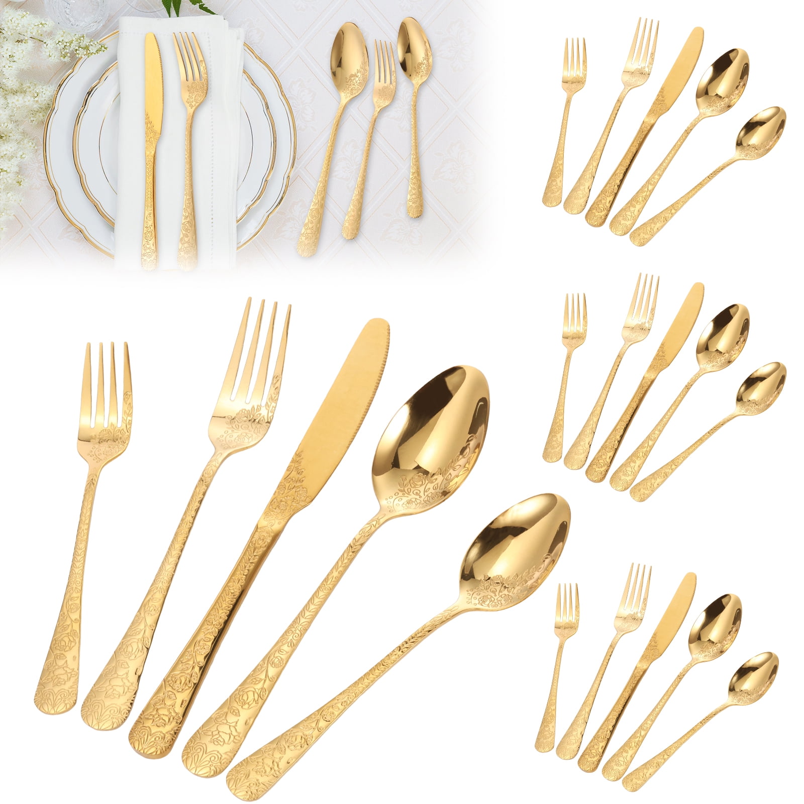 Jetcloudlive 20-Piece Floral Stainless Steel Flatware Set, Vintage Mirror Polished Cutlery for 4 (Gold, 20-Piece) 7d3kh