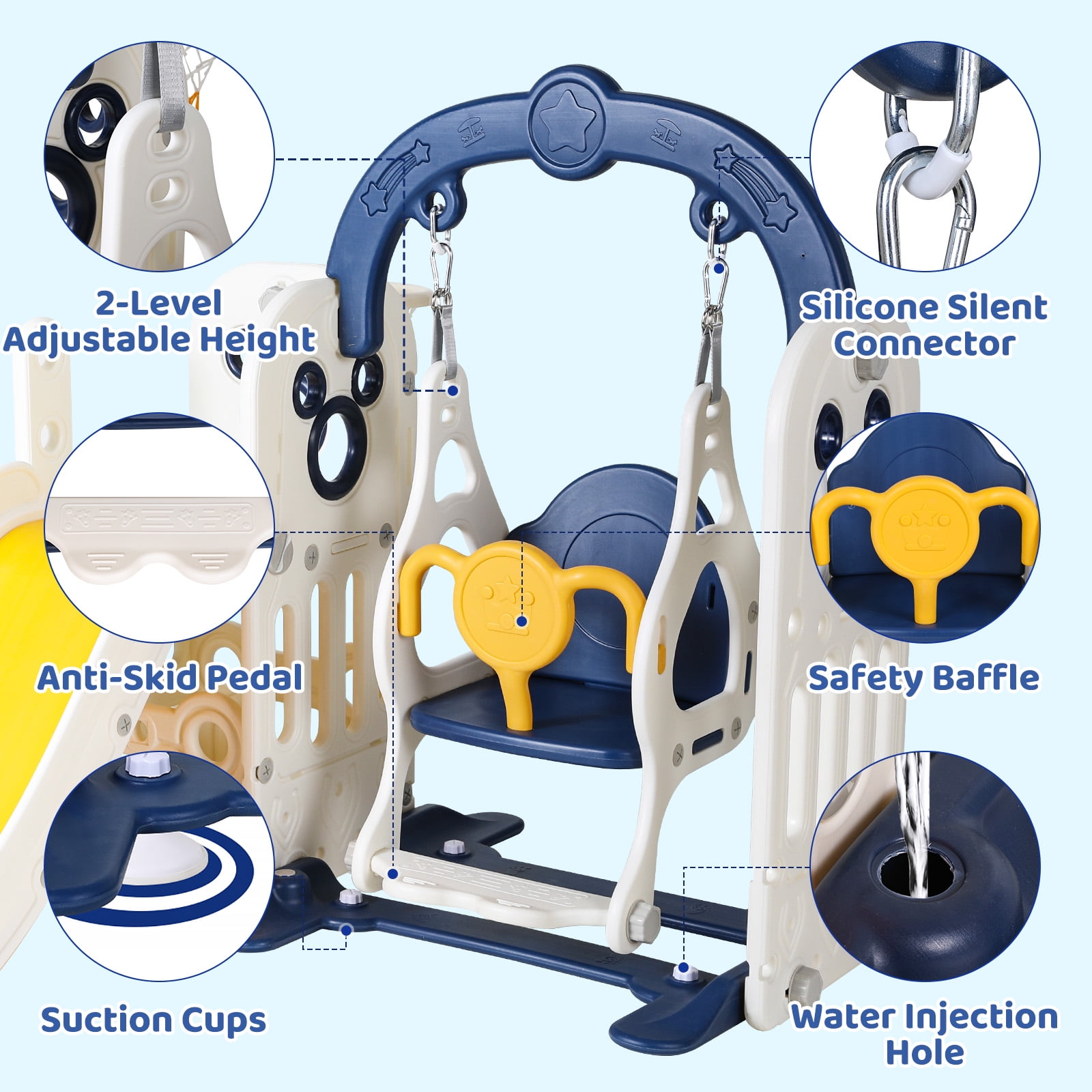Arlopu Kids Slide and Swing Set, 5-in-1 Toddler Climber Playset with Basketball Hoop and Storage (Blue, 58.3 in x 58.7 in x 45.3 in) opnp5