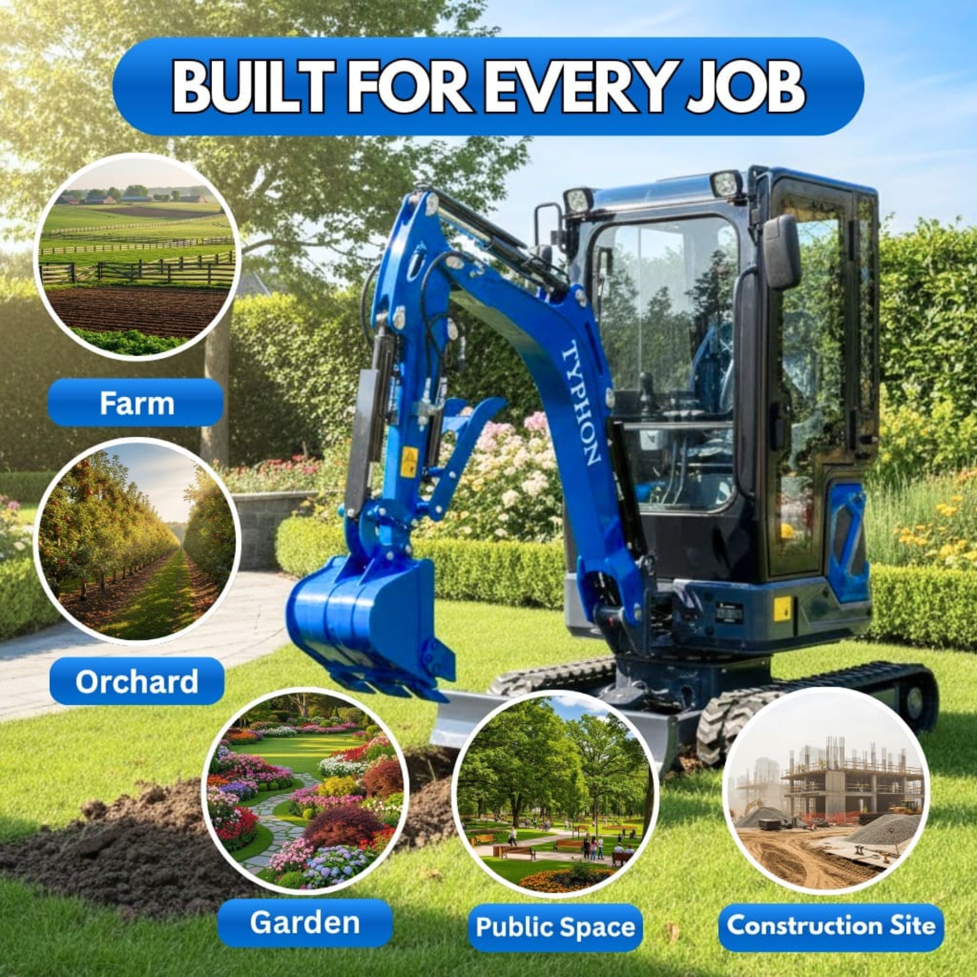 TYPHON Terror XIX Prestige Mini Excavator, Kubota D902 Engine, Retractable Tracks, A/C Cabin (Blue, 4200 lb) z1gue