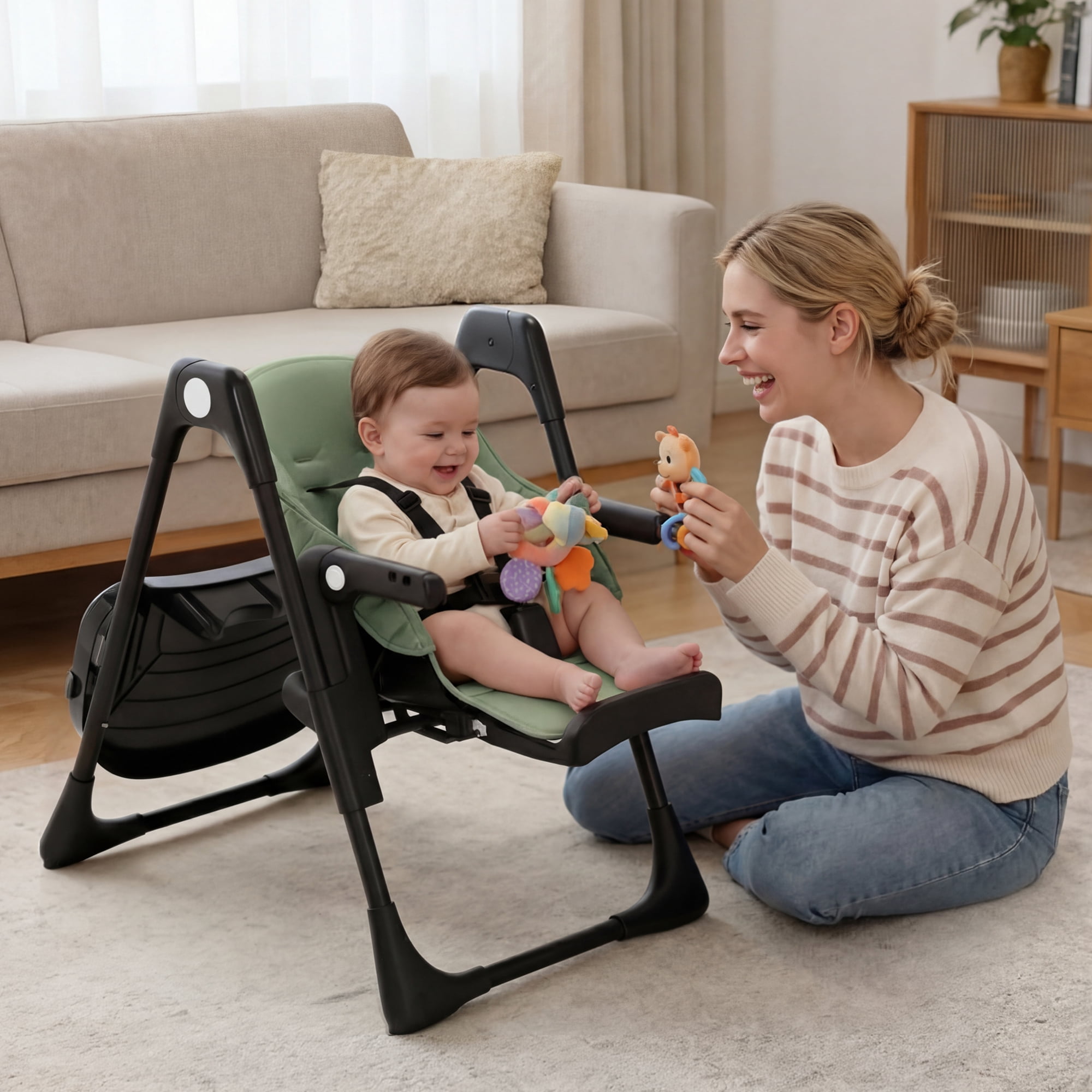 AILEEKISS Foldable Baby High Chair with Detachable Double Trays and Adjustable Recline (Green) xfin6