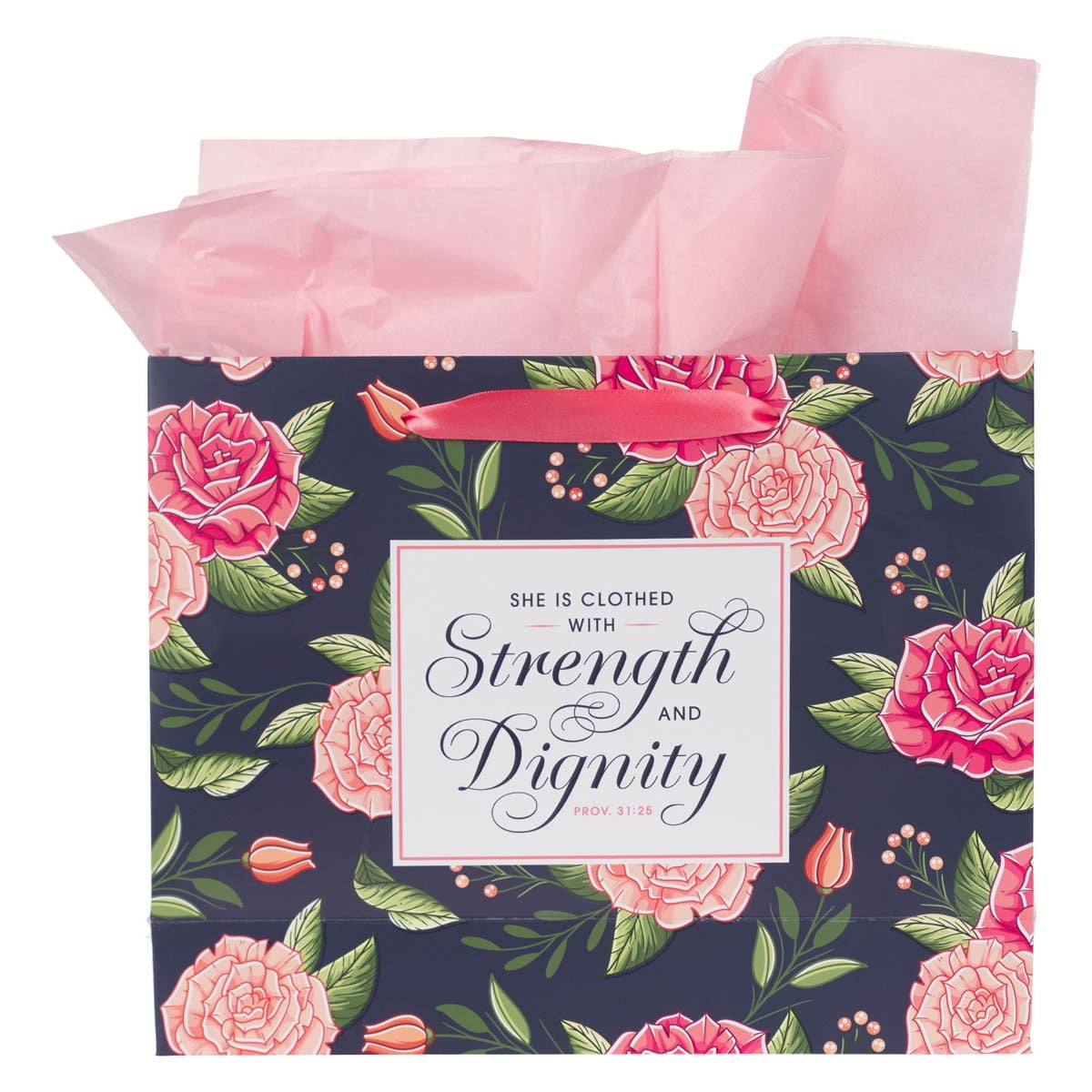 Christian Art Gifts Large Landscape Scripture Gift Bag Set with Card and Tissue Paper (Black/Pink, 12.5 in x 10 in x 3.9 in) tk6mm