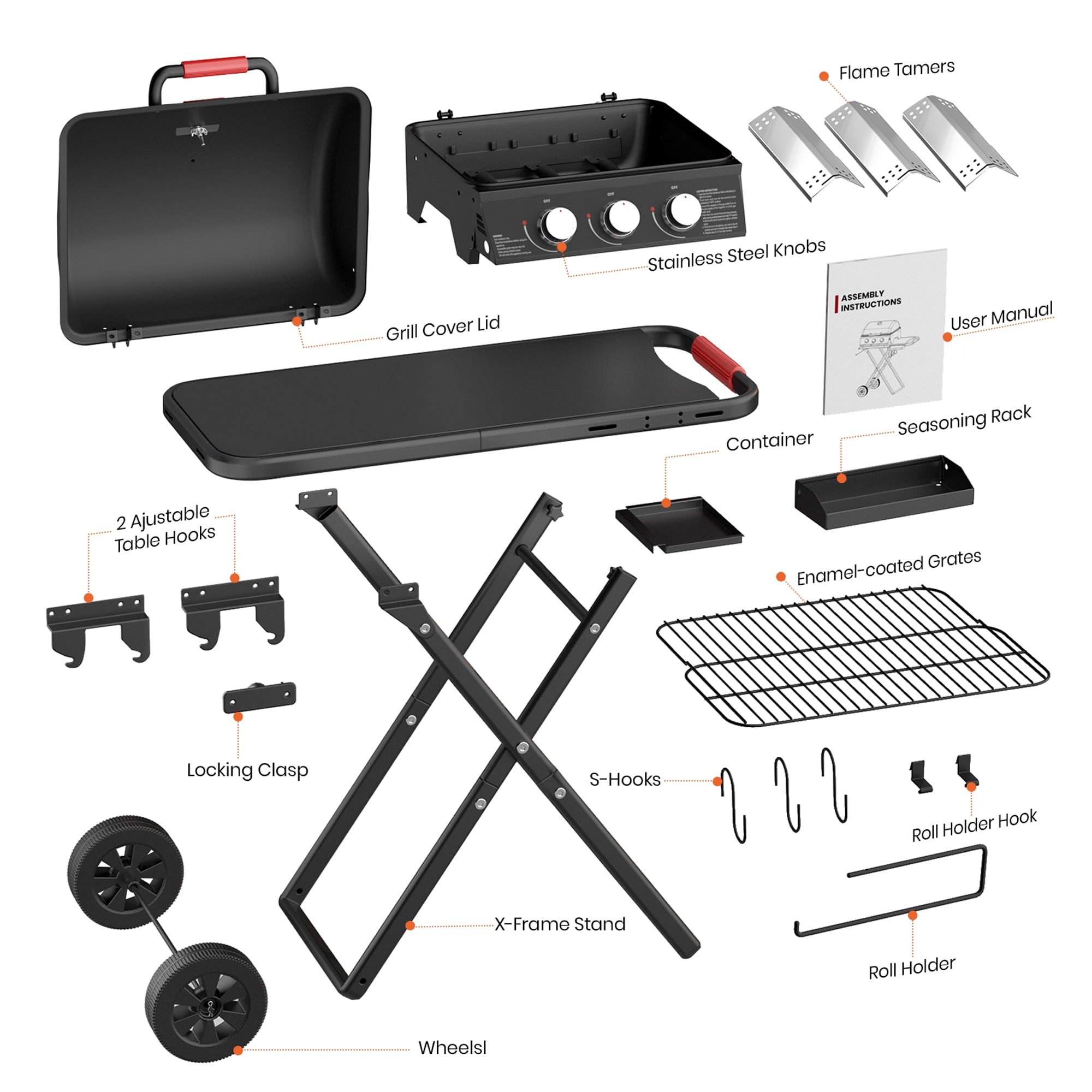 NICWIN 3-Burner Portable Gas Grill with Foldable Legs, 30,000 BTU Outdoor BBQ Grill for Camping and Tailgating (Black, 415 sq in) m8qsg