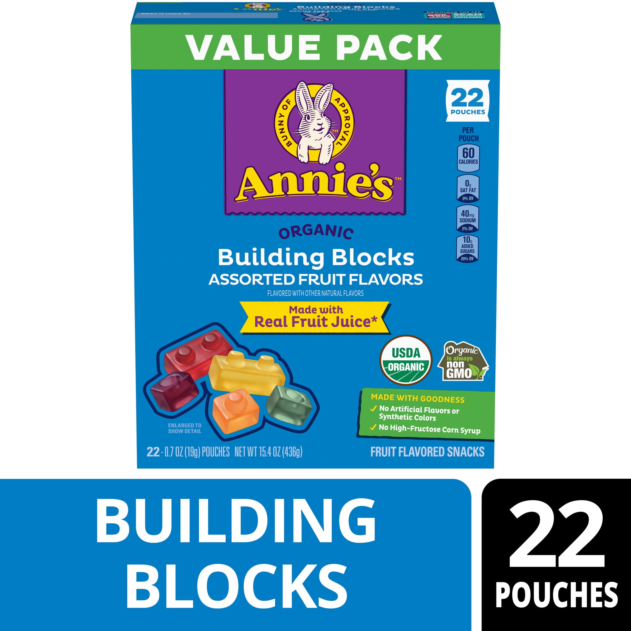 Annie's Organic Fruit Flavored Snacks, Building Block Shaped Gummies, Gluten Free (Assorted Flavors, 22 Pouches, 15.4 oz) 3nd4a