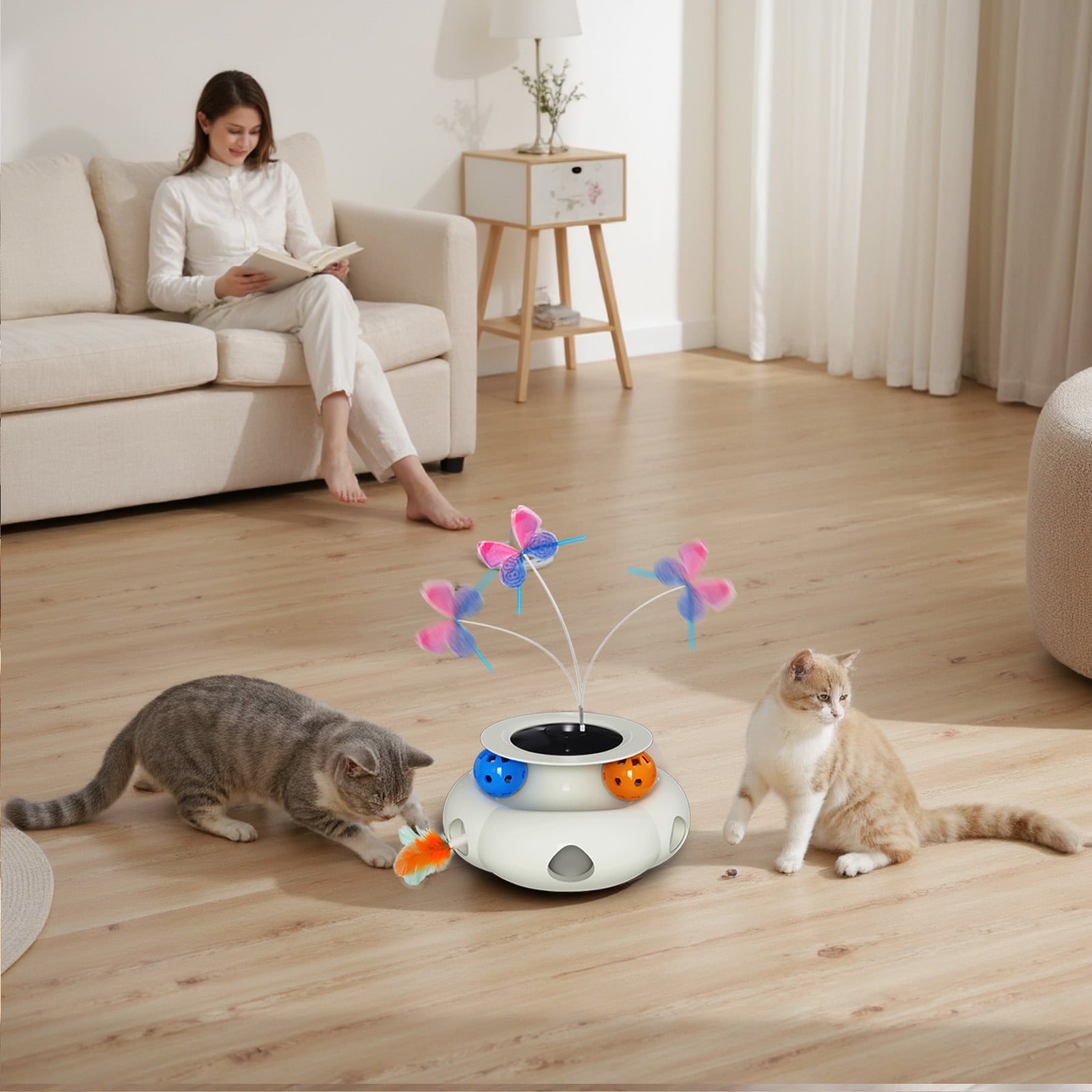 UniMaxLink Electric Interactive Cat Toy, Automatic Rotating Butterfly Feather Wand with USB Rechargeable Battery (White) mp0r1