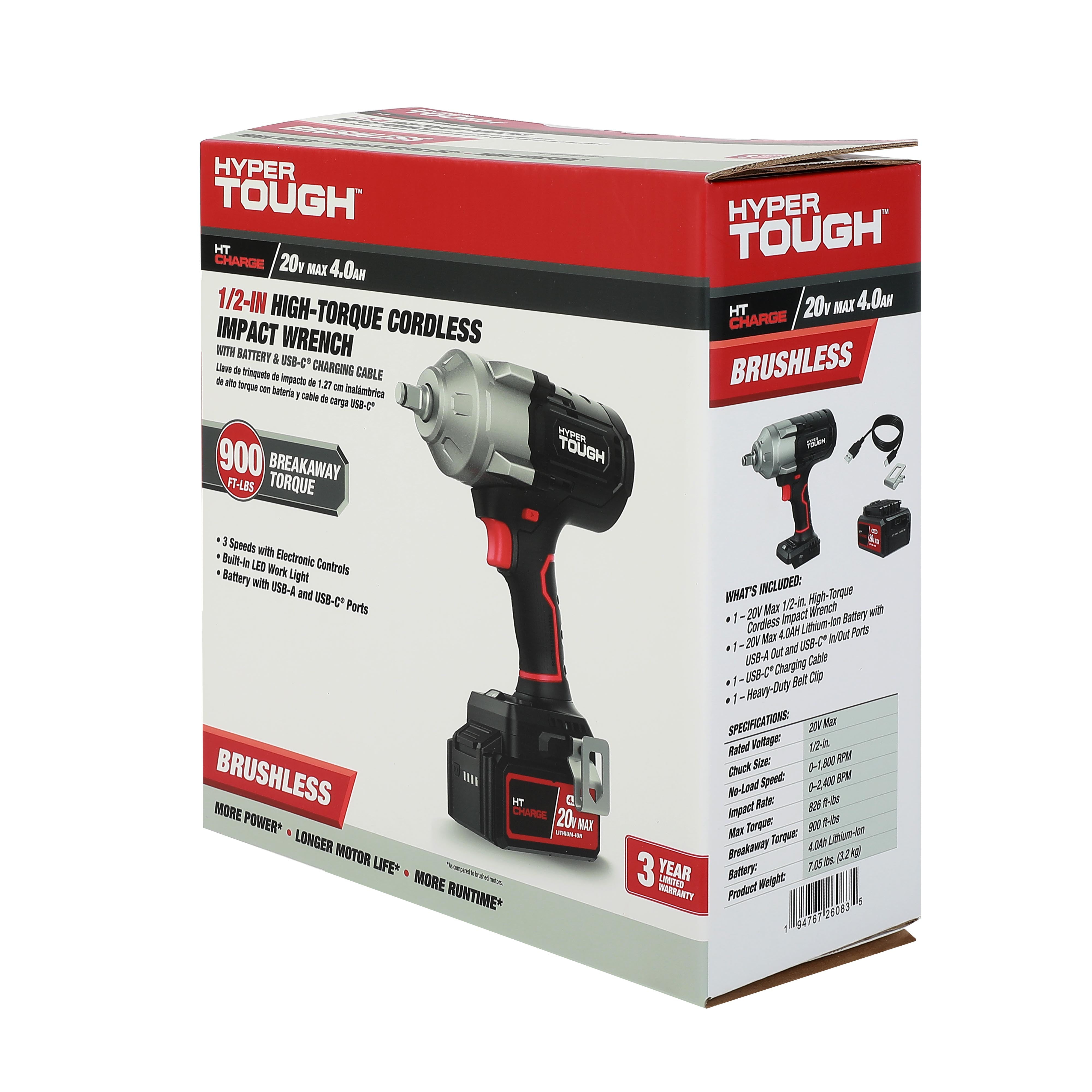 Hyper Tough 20V Brushless Cordless Impact Wrench (Black, 1/2-in Drive) 8qikx