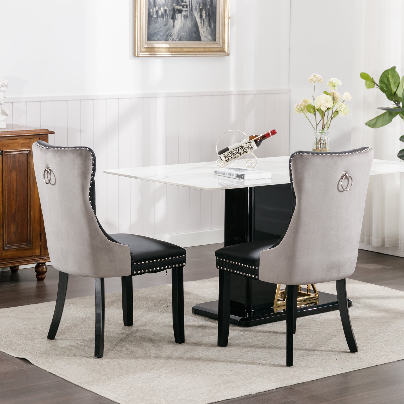 LegaHome Modern Upholstered Dining Chairs with Nailhead Trim and Solid Wood Legs (Gray and Black, Set of 4) veuq9