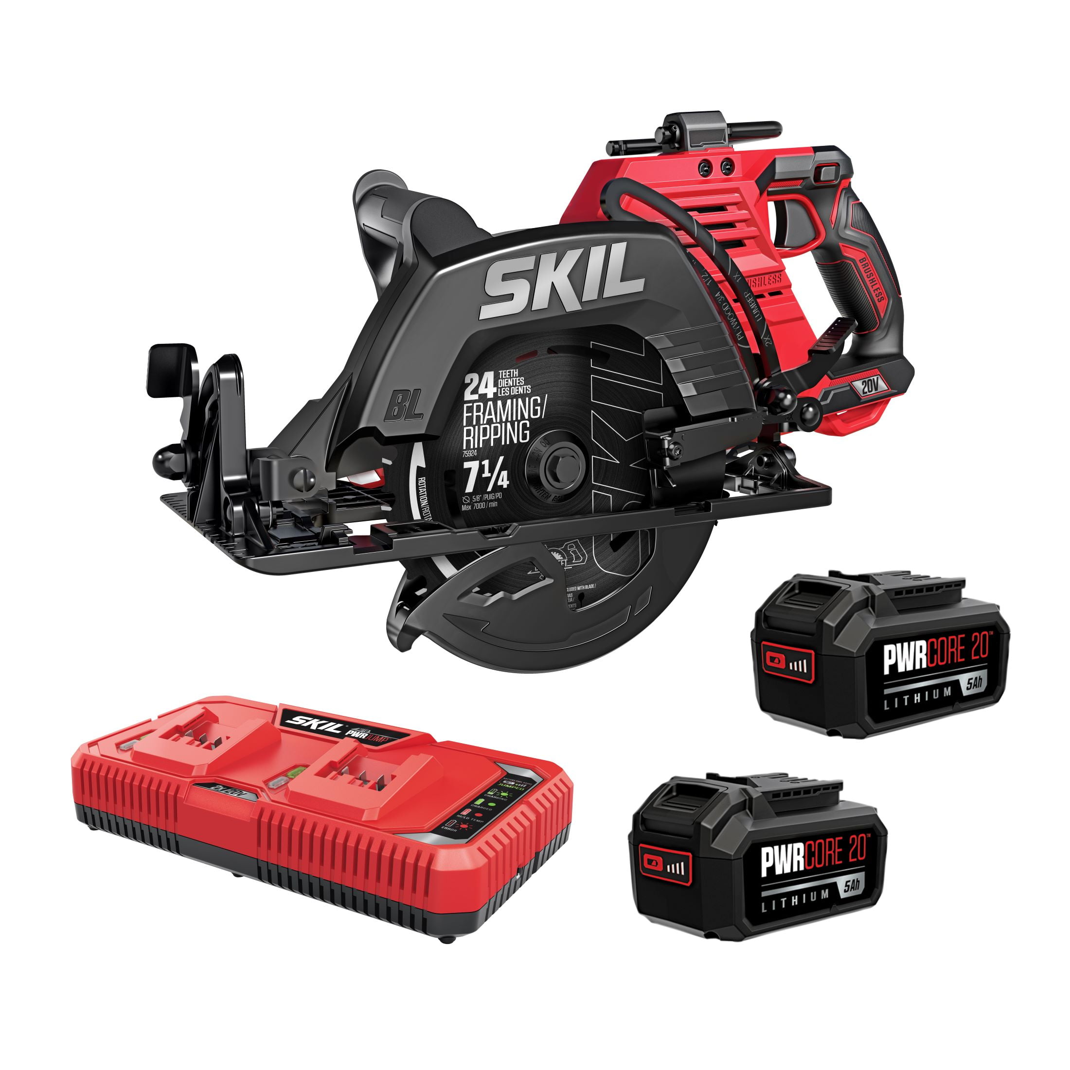 SKIL PWR CORE 40V Cordless Rear Handle Circular Saw with 7-1/4 in Blade, Dual Batteries and Charger (Red) 2ou03