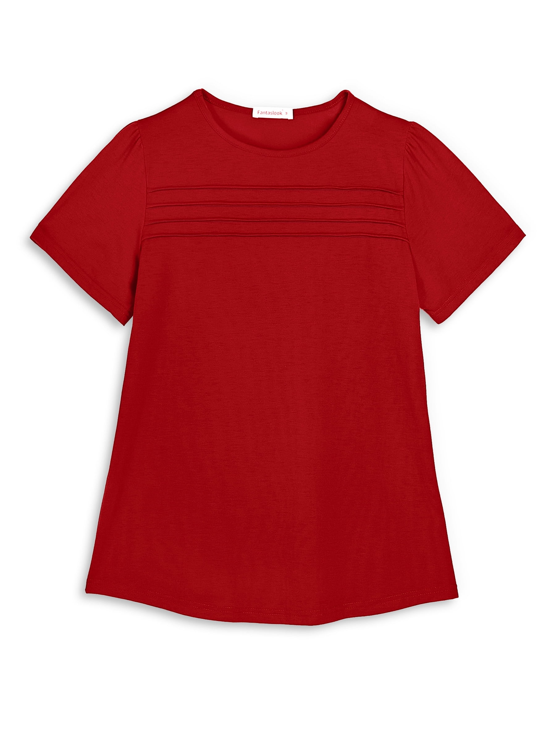Fantaslook Women's Dressy Casual Tunic Top Short Sleeve Pleated Crew Neck Shirt (Red, L) dv9ty