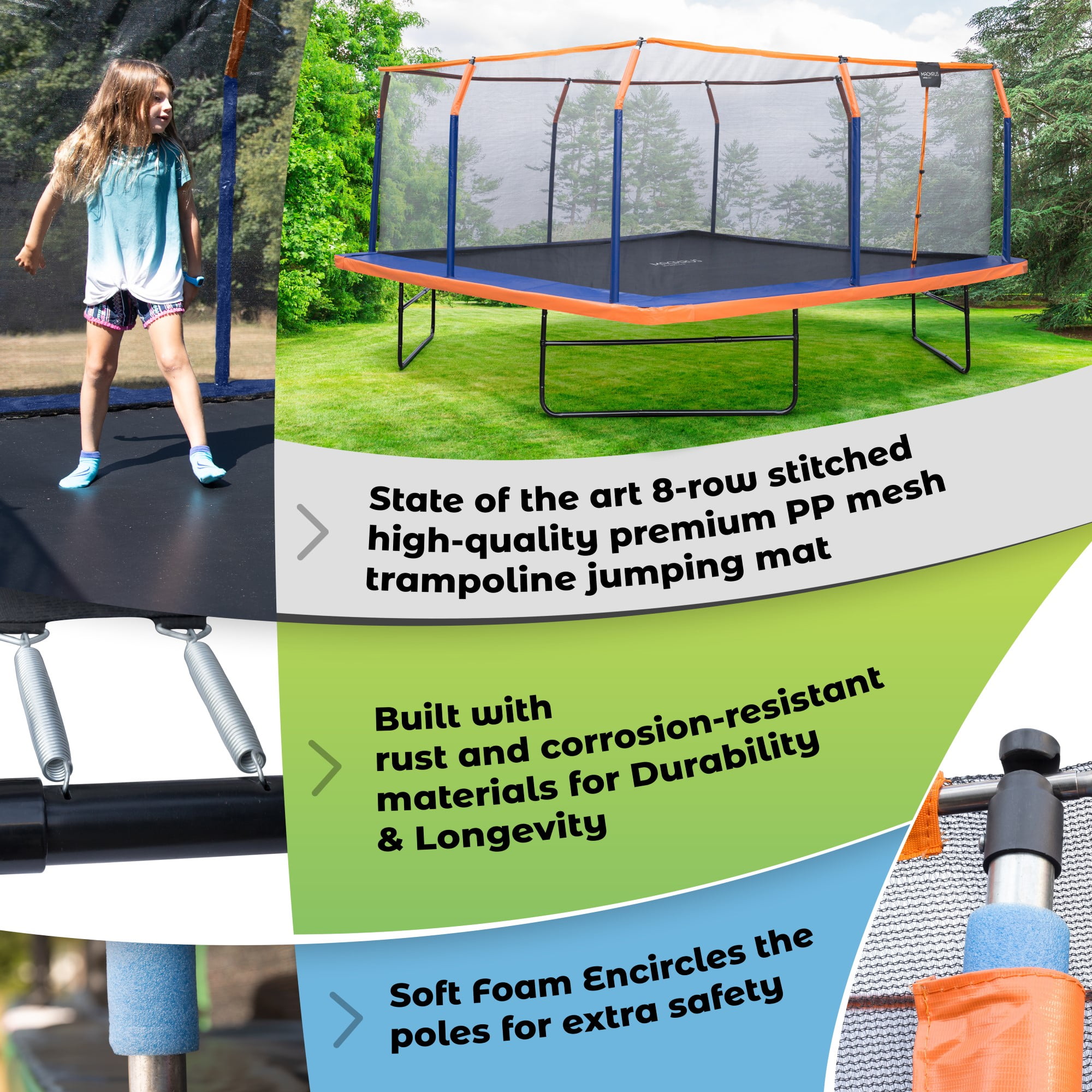 Upper Bounce 16 x 16 ft Square Trampoline Set with Safety Enclosure and Pad (Orange/Blue, 16 x 16 ft) bjn67