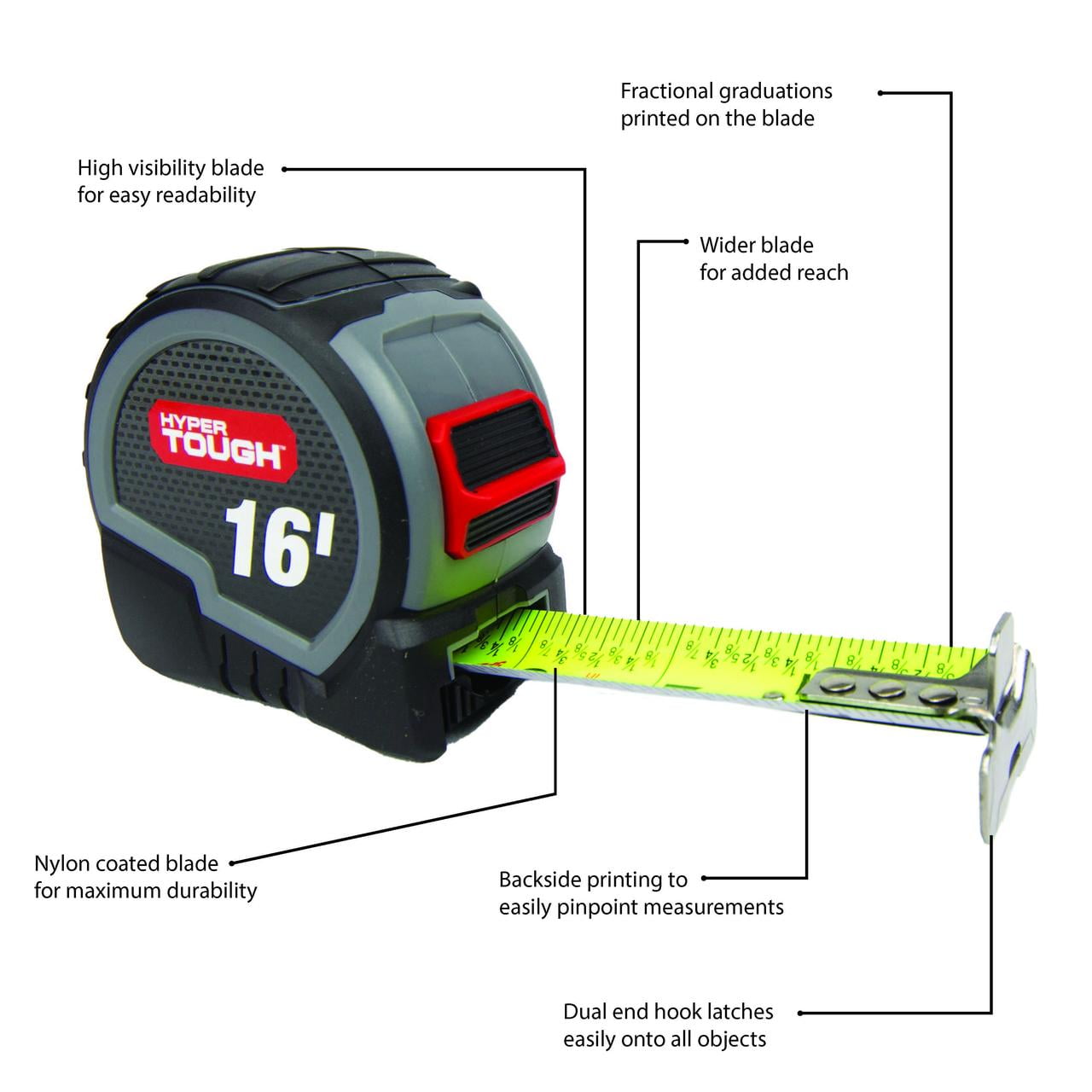 Hyper Tough Wide Blade Steel Tape Measure (Grey, 16 ft) fzwvs