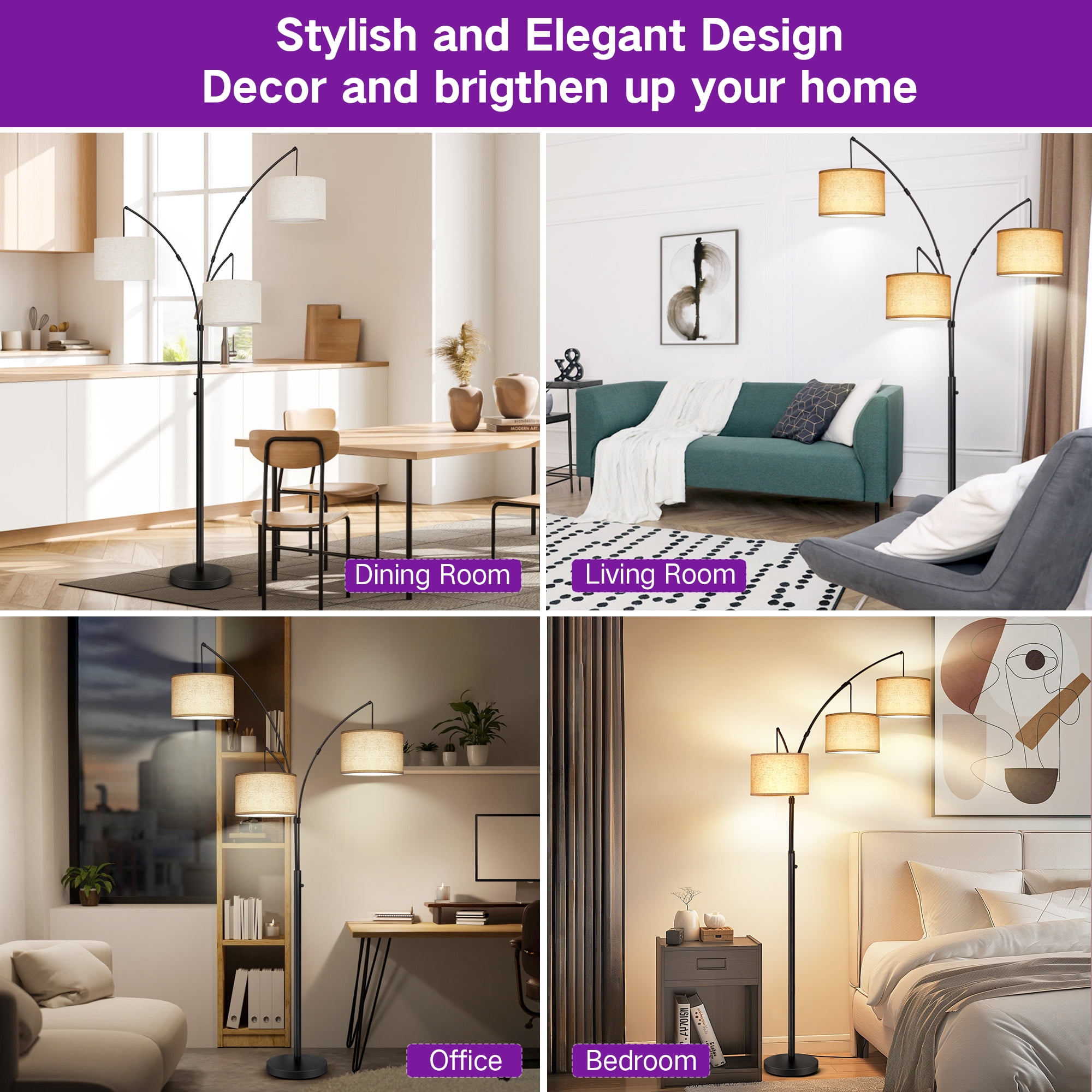 Outon 3-Light Arc Floor Lamp, Modern Standing Lamp with Linen Shades, Adjustable Multi-Directional Lighting for Living Room and Bedroom (Black, 80 in) h8x18