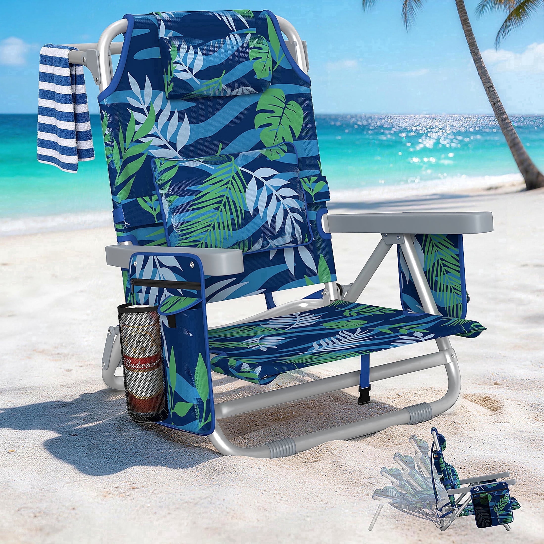 DKMOCO Backpack Beach Chair Folding Camping Chair, Heavy Duty 6-Position Reclining Outdoor Lounge Chair with Cup Holder (Leaf Blue-Green, 1 Pack) 8l8kz