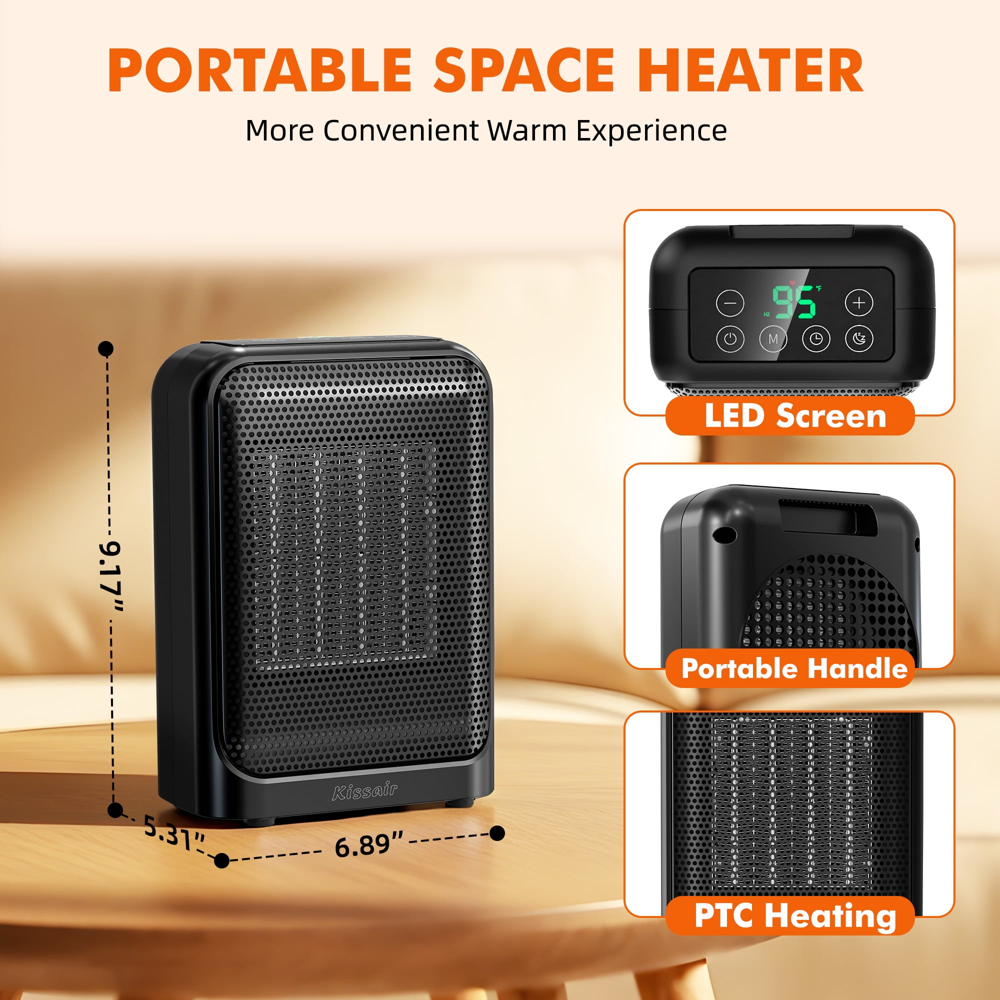 Moifoi 1500W Ceramic Space Heater, Portable Indoor Fan Heater with Adjustable Thermostat (Black, 6.18 in x 4.80 in x 8.94 in) qtkv5