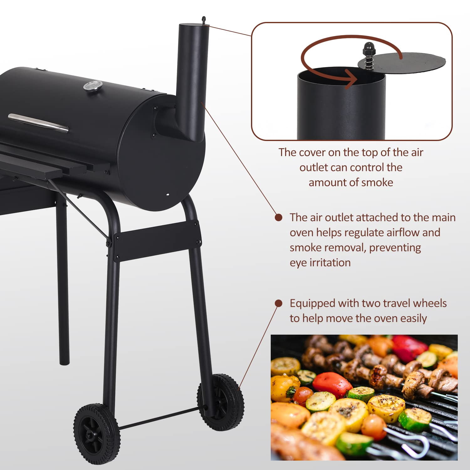 Dkelincs Charcoal Grill with Offset Smoker and Wheels (Black, 43.3 in) r6blh