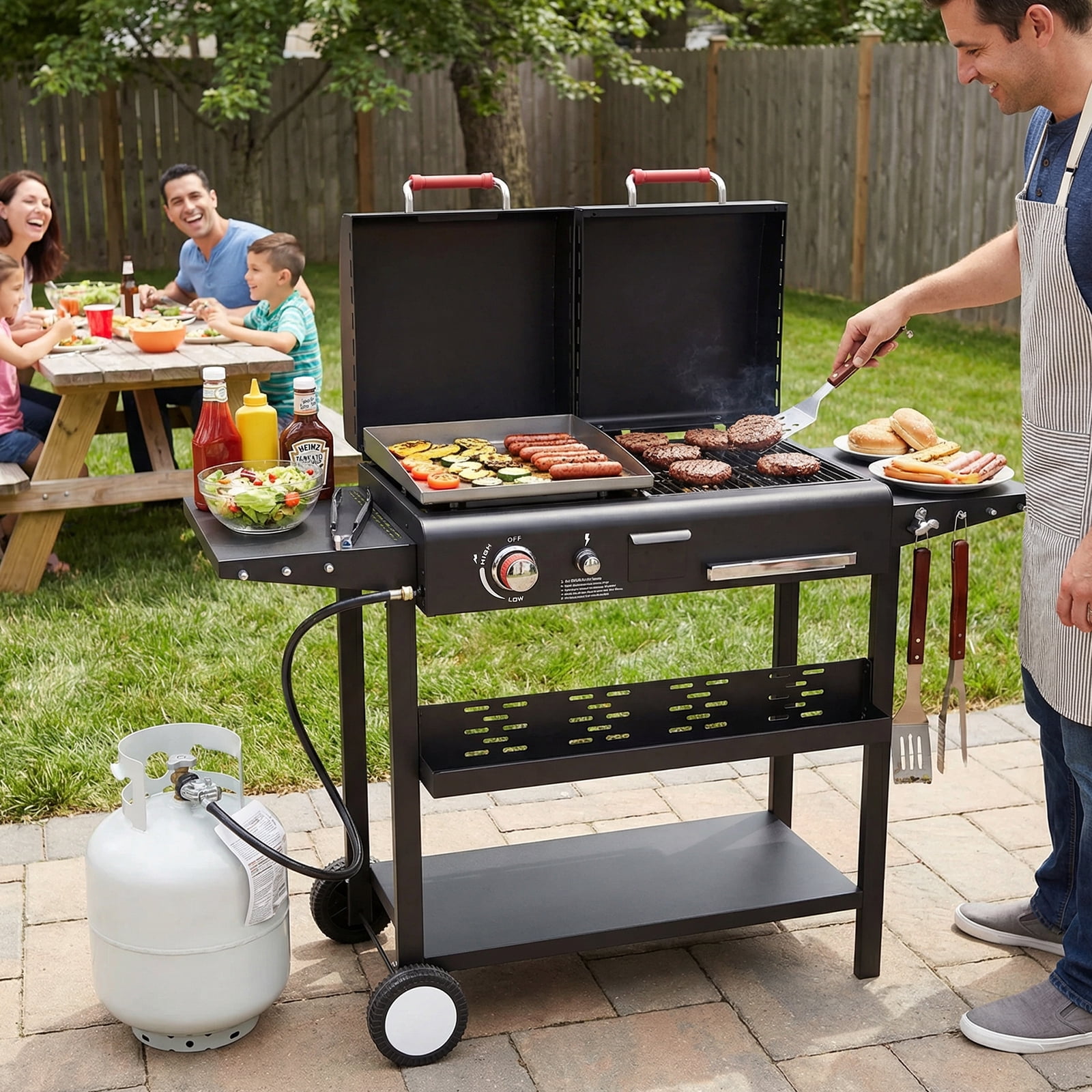 SIXDAYSOX Dual Fuel Charcoal and Propane Grill Combo with Dual Lids (Black, 327 sq in) 3sz05