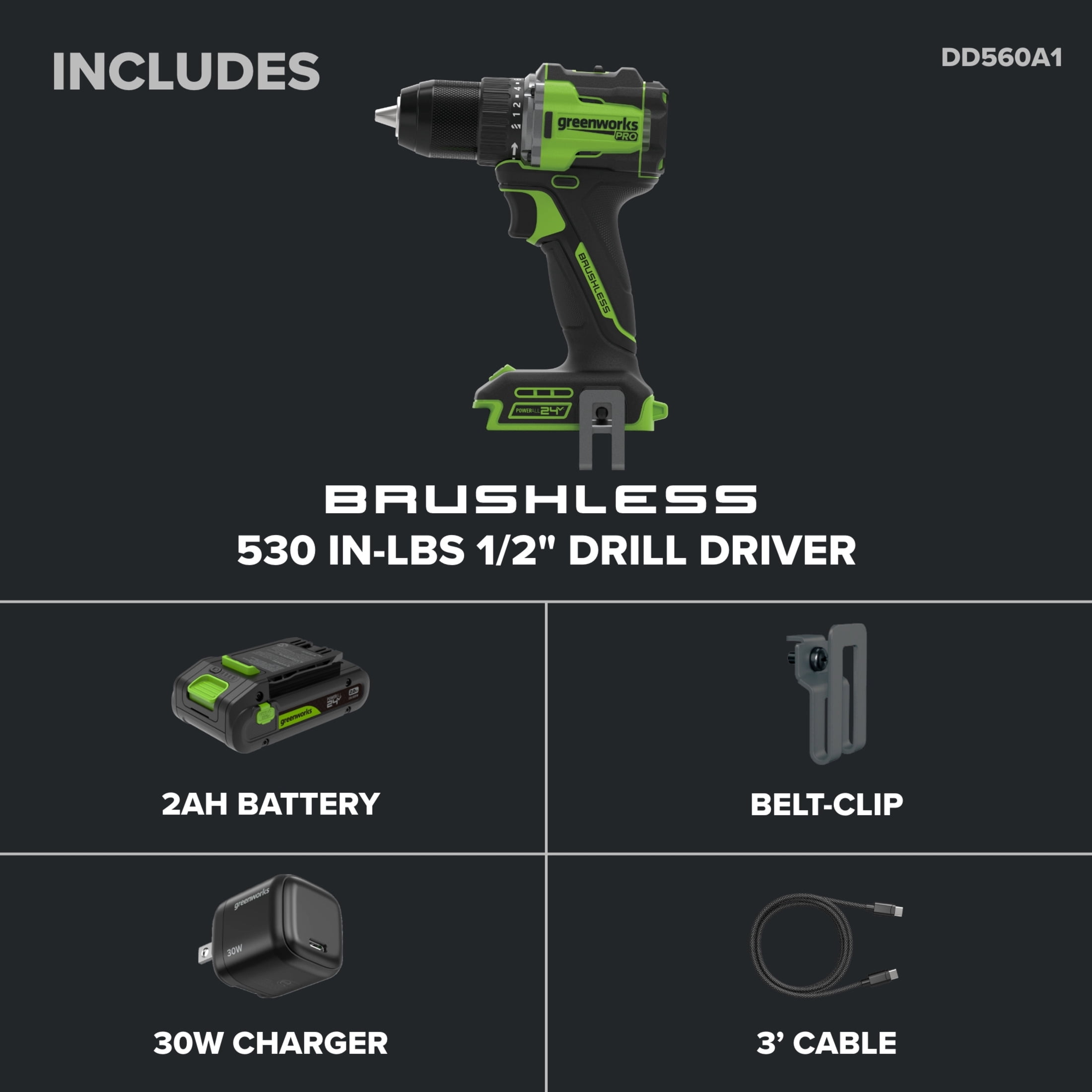 Greenworks Pro PowerAll 24V Brushless 1/2 in Drill Driver Kit (Black, 2.0 Ah Battery) s9yig