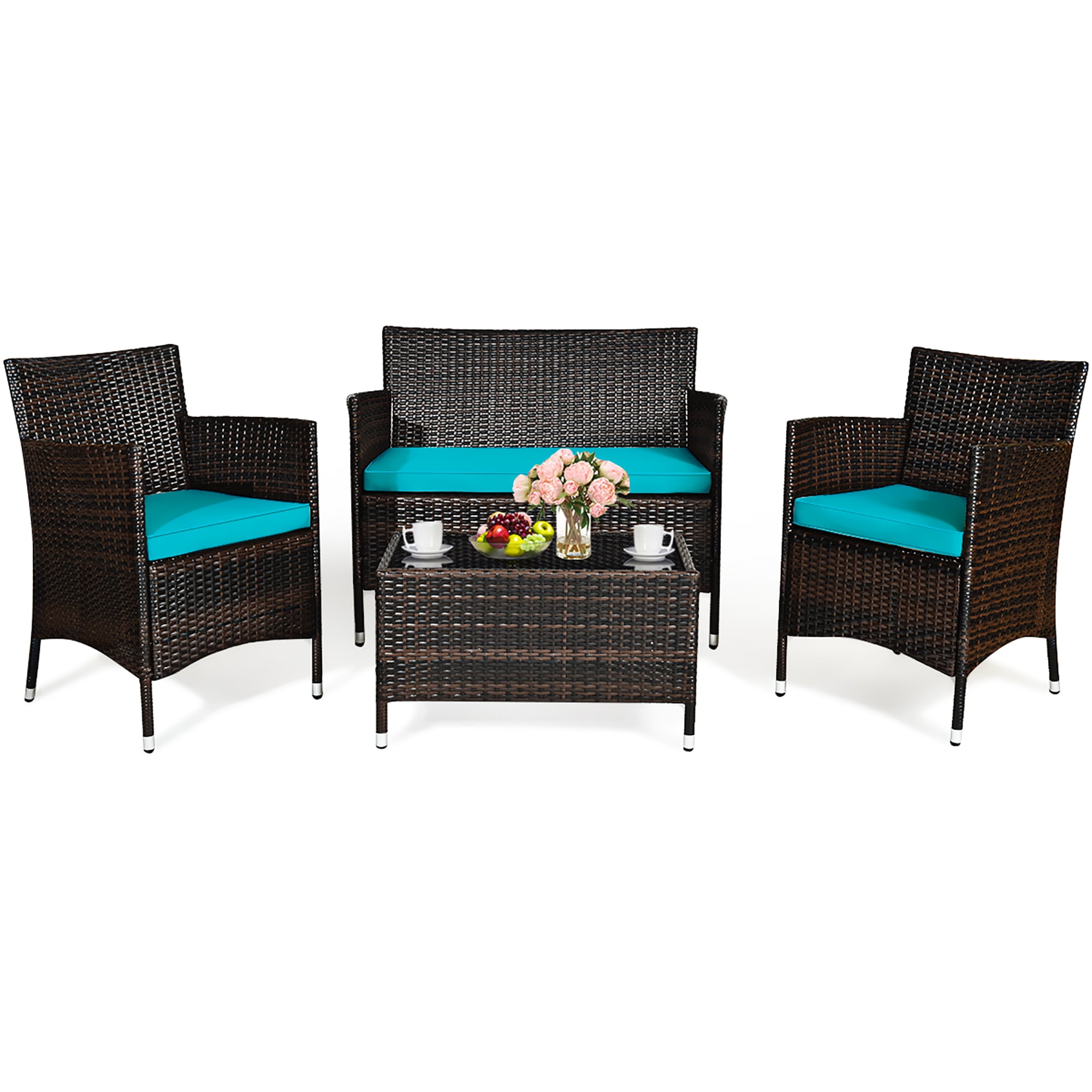 Gymax 4-Piece Patio Rattan Conversation Furniture Set with Turquoise Cushions (Outdoor/Indoor) 572c2
