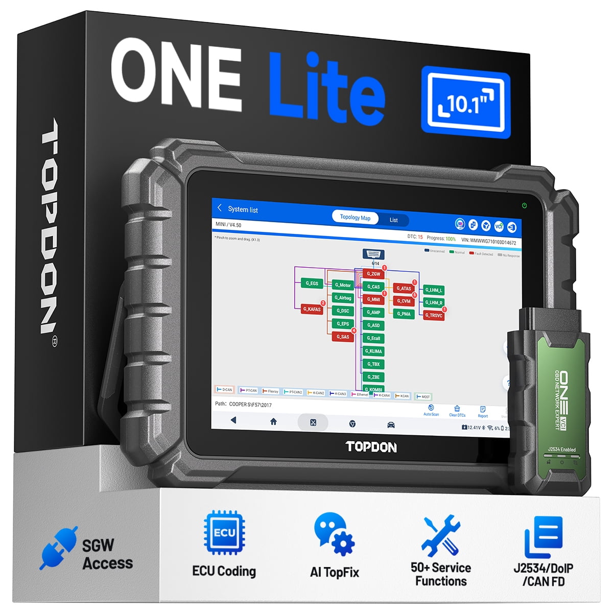 TOPDON OBD2 Scanner ONE Lite Diagnostic Tool with J2534 Pass-Thru and ECU Coding (Grey, 10.1 in) tmdw6