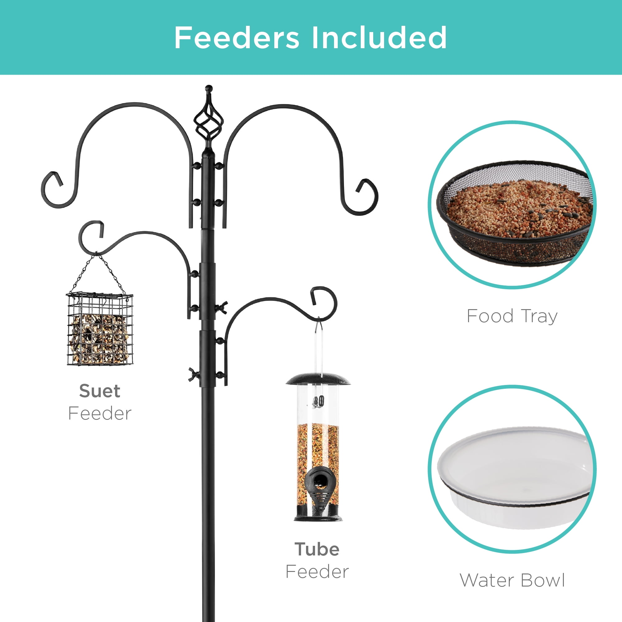 Best Choice Products 91 in Bird Feeding Station with 4 Hooks, Steel Multi-Feeder Stand, Bird Bath, and Tray (Black, 91 in) euwwb