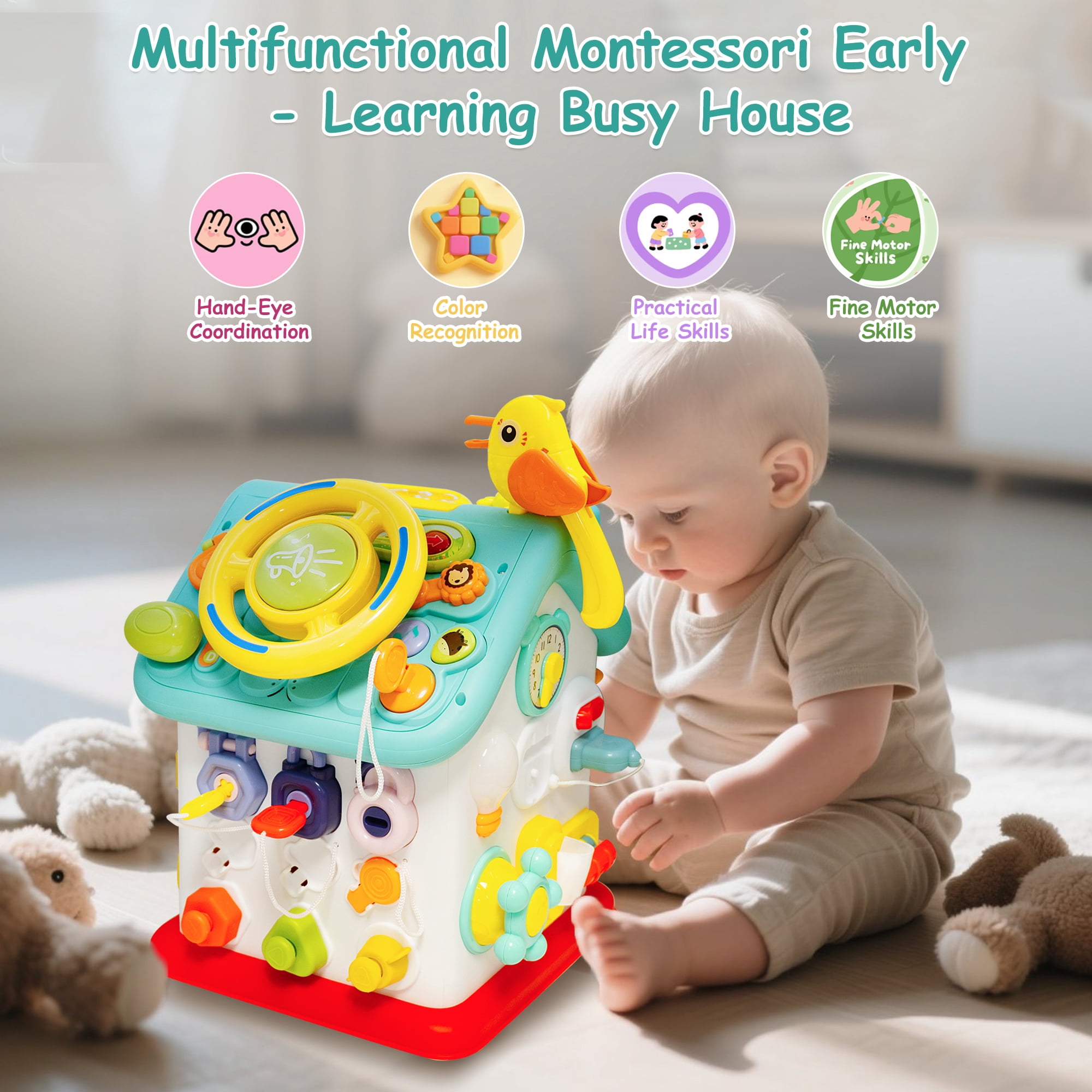 SaveJoy Montessori Busy House Activity Center with Music and Sensory Learning (6-in-1, Multi-color) ptkl9