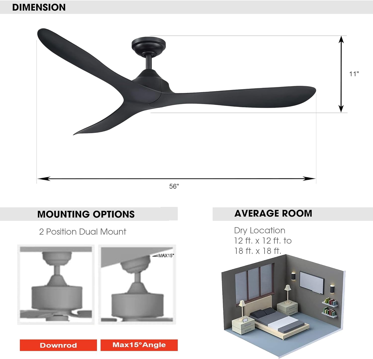 Parrot Uncle 56 in Modern Propeller Ceiling Fan, Industrial Indoor Ceiling Fan with Remote Control (Black, 56 in) r0h6d