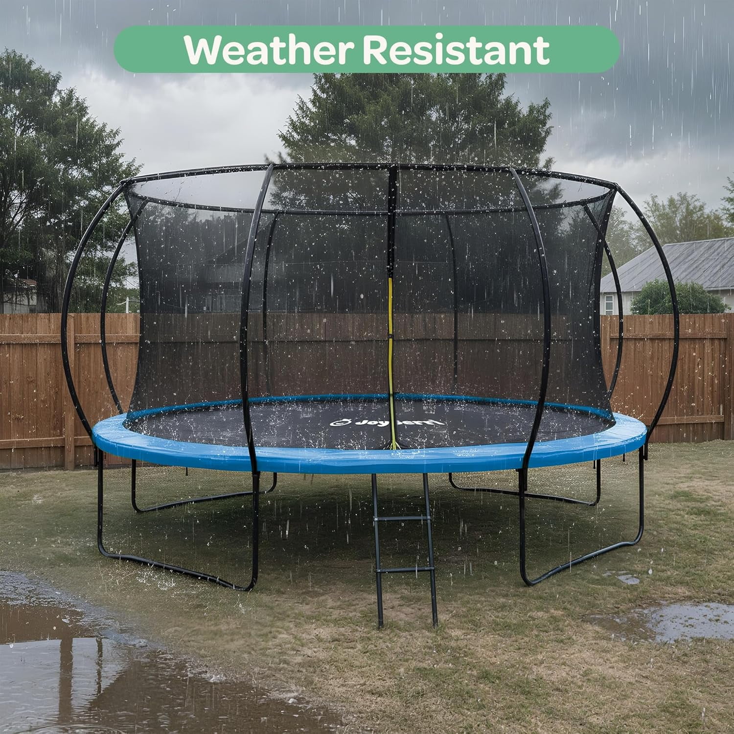 JoyBerri Outdoor Trampoline with Safety Enclosure, Ladder, LED Lights & Sprinkler (Blue, 15 ft) r0idr