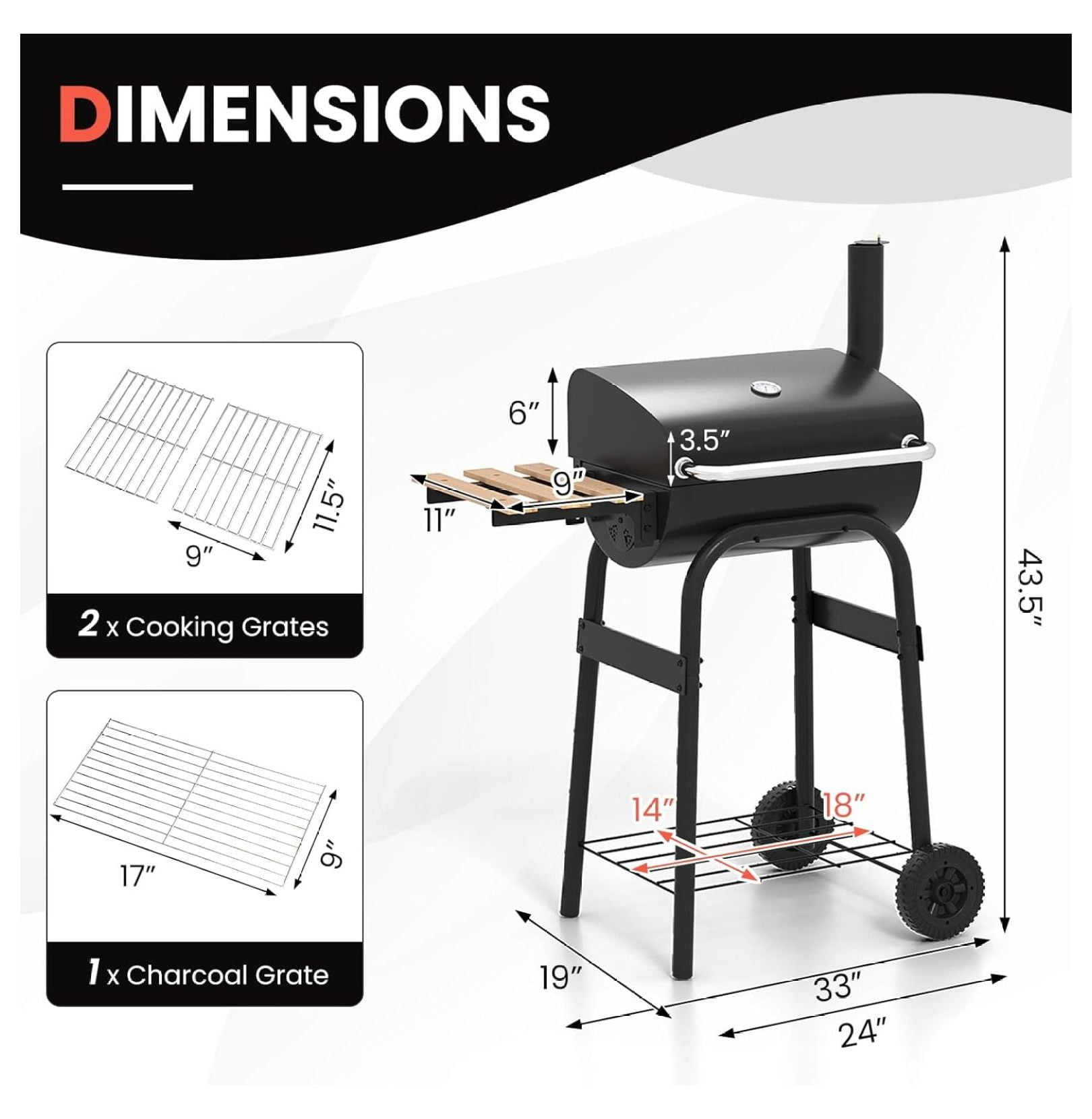SHUZHIWANSHANG Charcoal Grill, Outdoor BBQ Smoker with Foldable Side Table and Wheels (198 sq in) e2x14