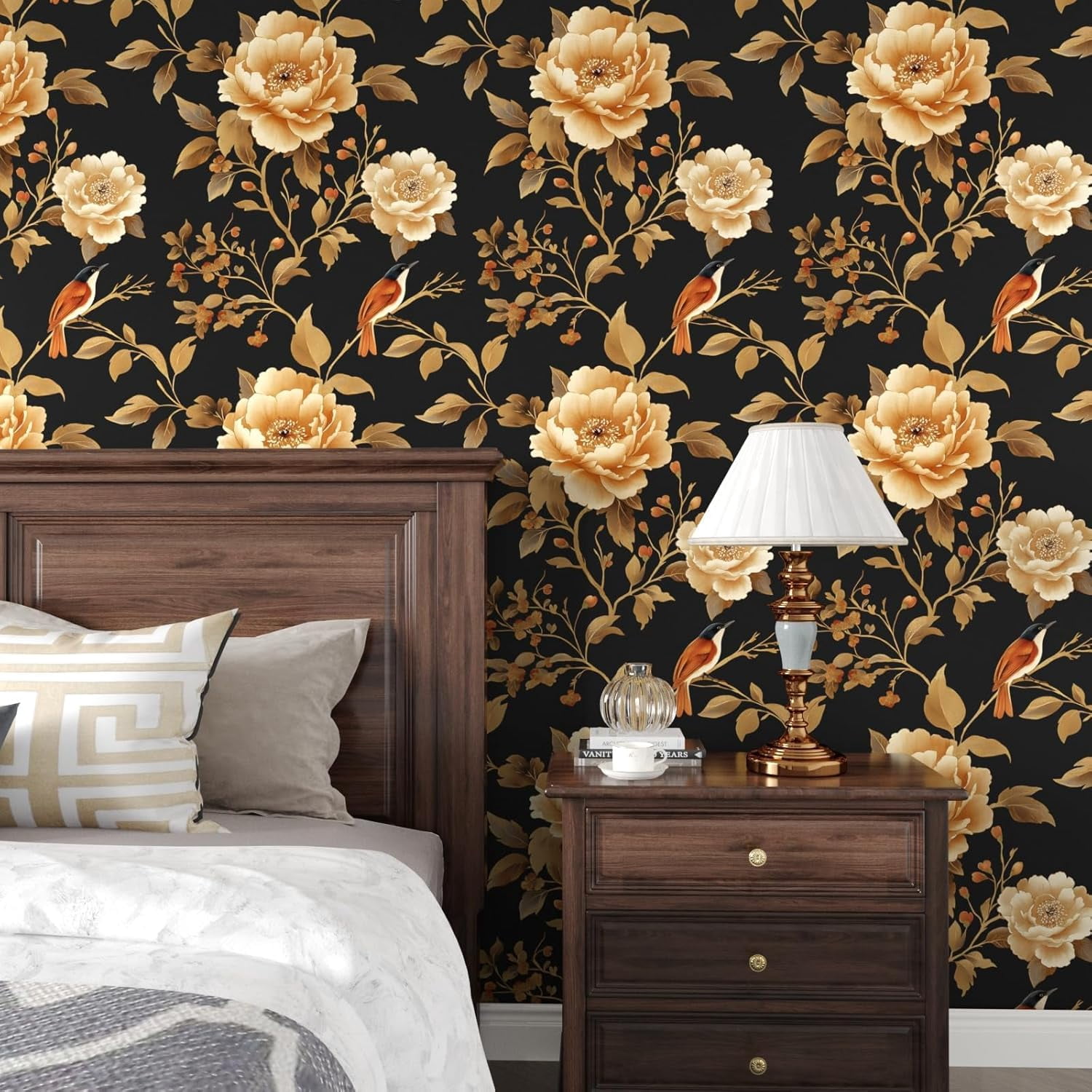 Usachibb Vintage Floral Bird Wallpaper Peel and Stick Boho Wall Mural (Black/Gold, 17.5 in x 118 in) av4xl