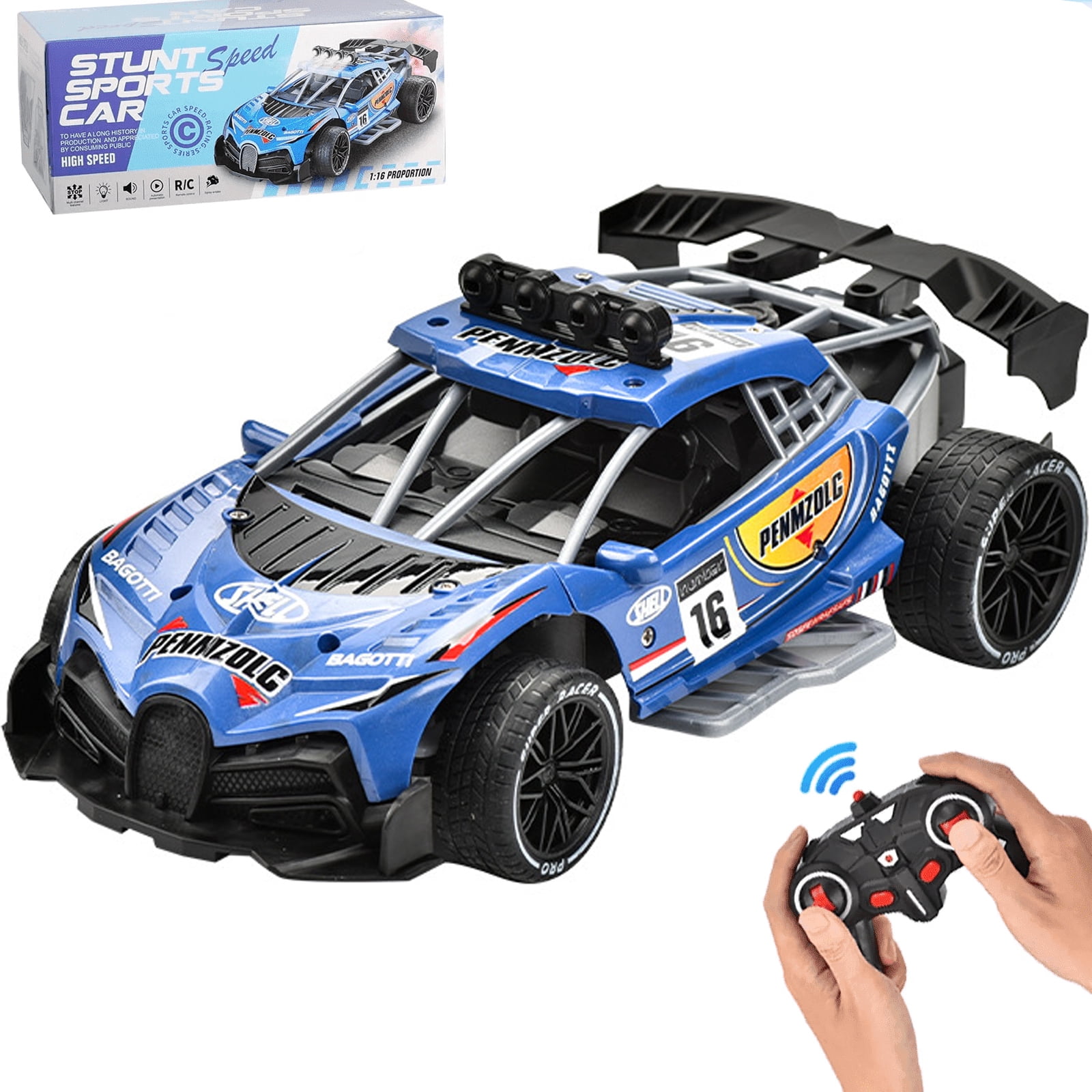 Kivdit Remote Control Car (1:16 Scale, 2.4GHz RC Drift Vehicle with LED Lights and Spray, Blue) k08mb