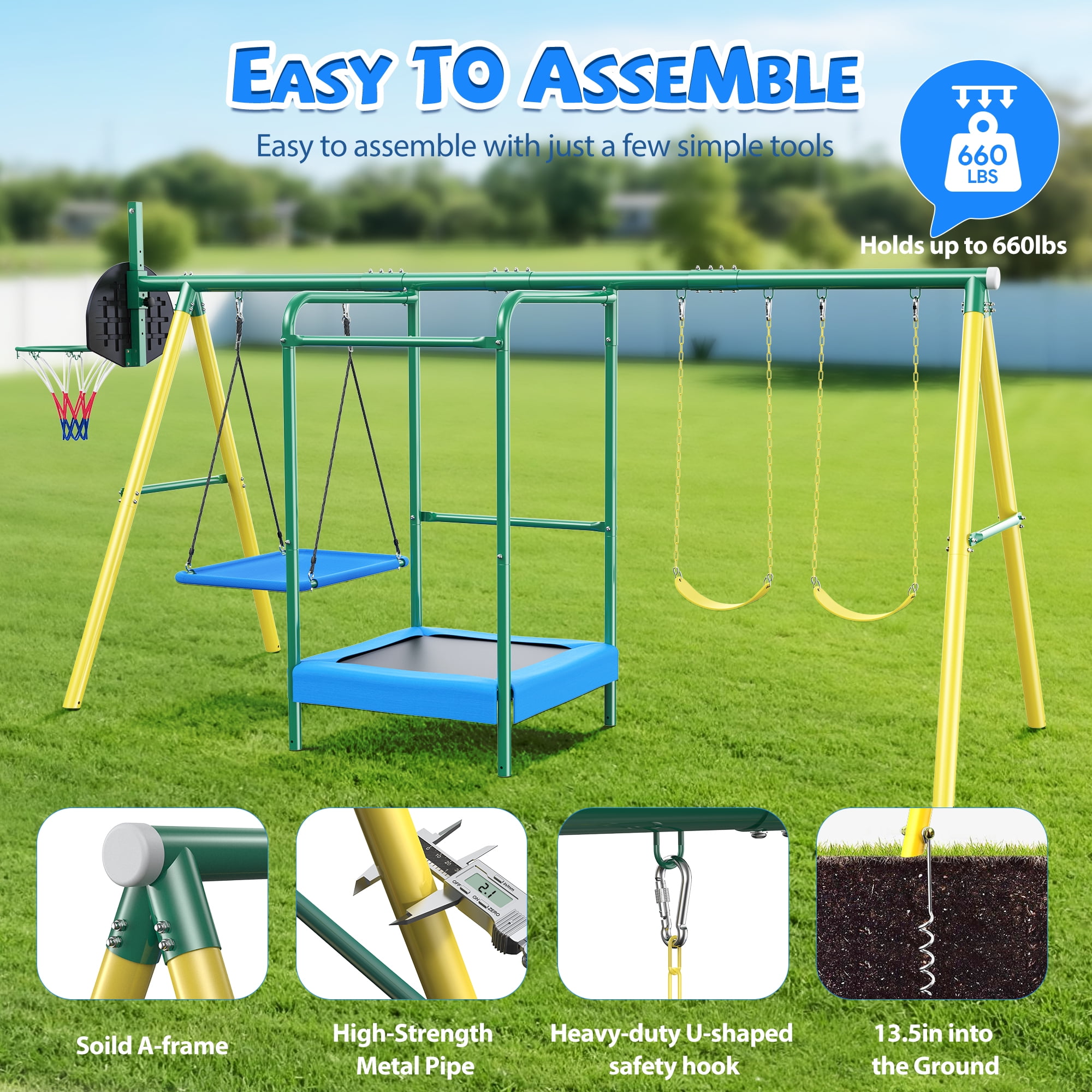 Easoger Metal Swing Set for Backyard, Heavy-Duty Outdoor Kids Playset with Trampoline, Platform Swing, 2 Swings and Basketball Hoop (11.1 ft L x 8.3 ft W x 6.1 ft H) mry3p
