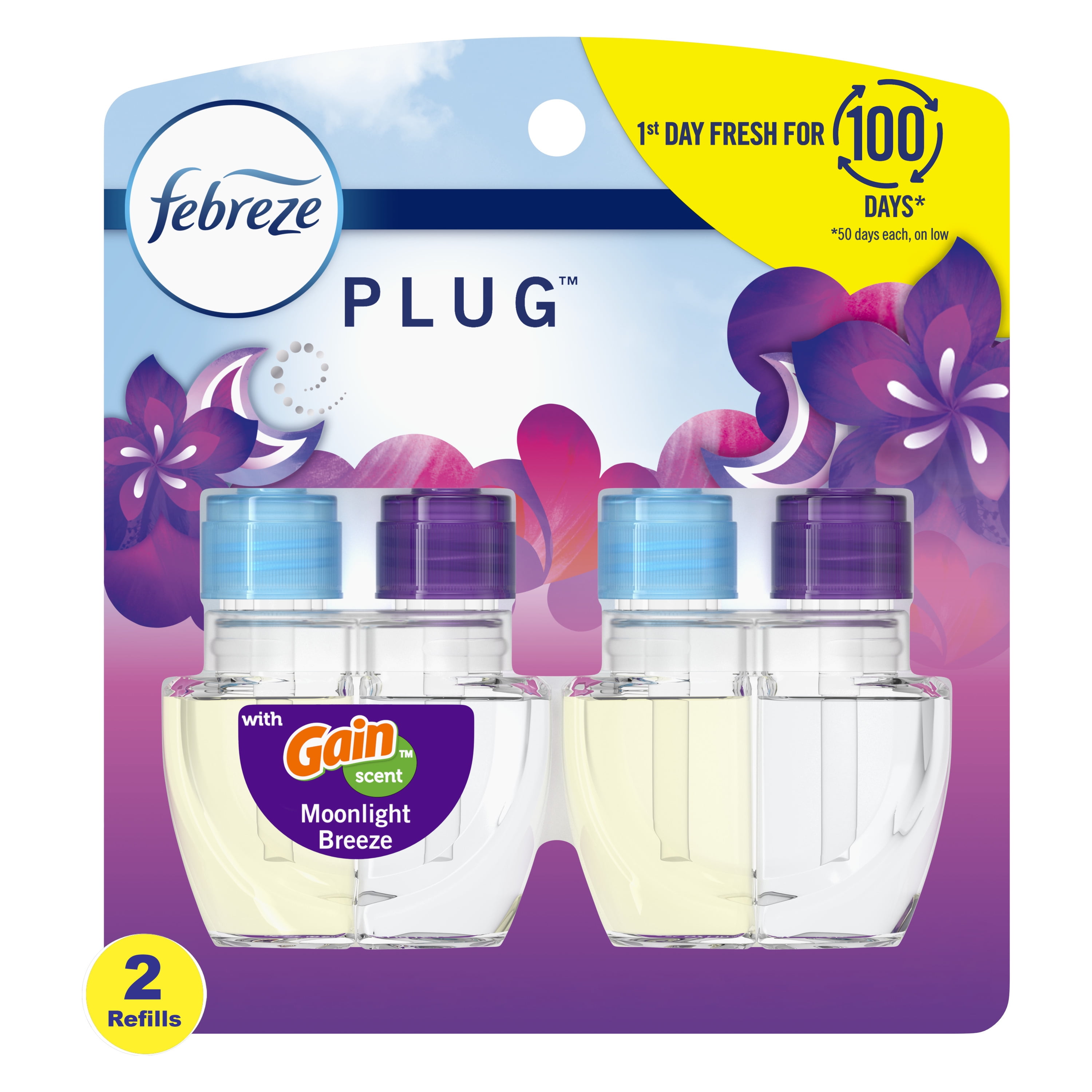 Febreze Fade Defy Plug In Air Freshener Refill, Odor-Fighting Scented Oil, Gain Moonlight Breeze (2 Pack, 0.87 fl oz each) 3gcb7