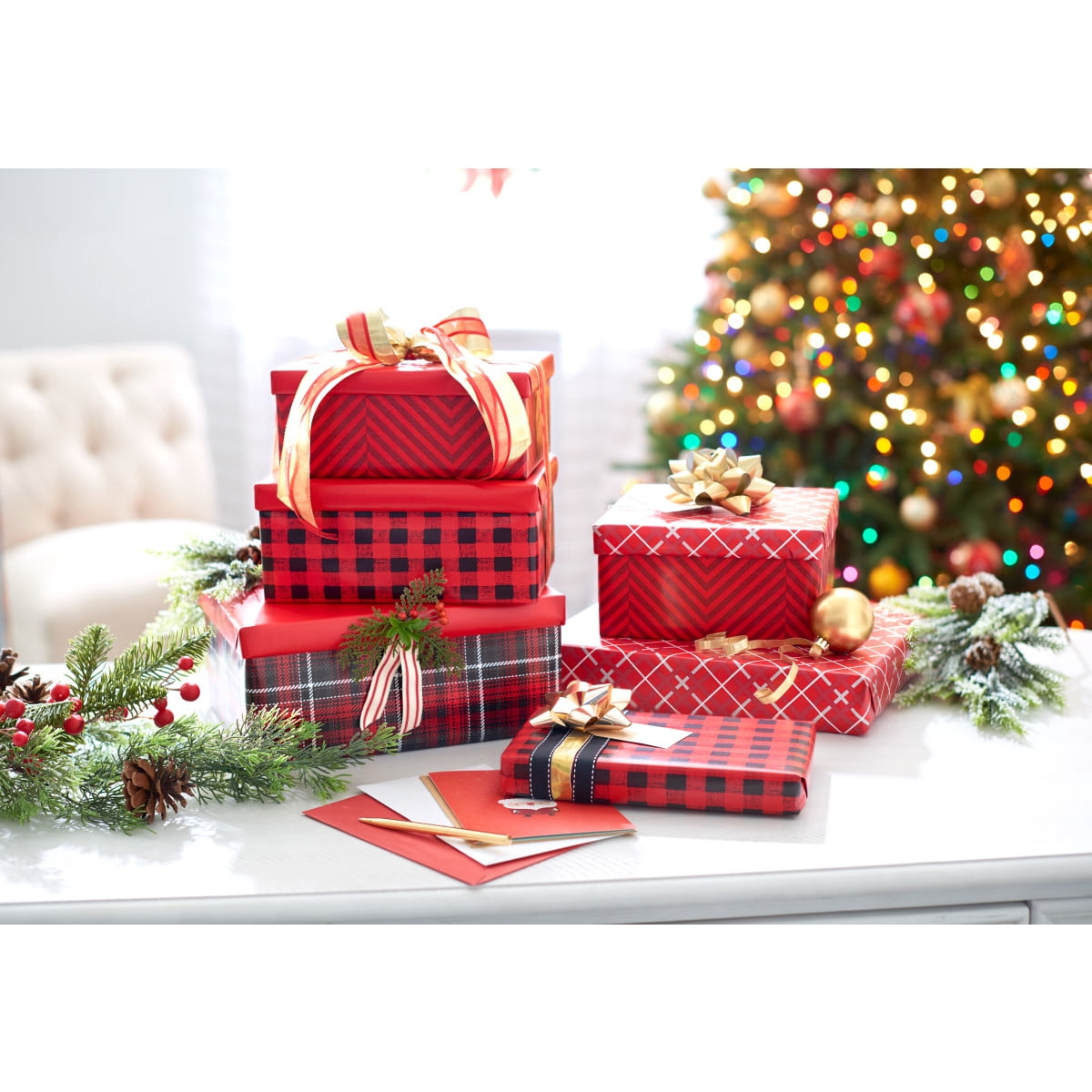 American Greetings Christmas Wrapping Paper Set with Gridlines, Bows, and Gift Tags (Red, 4 Rolls, 48 ft Total) w7bsr