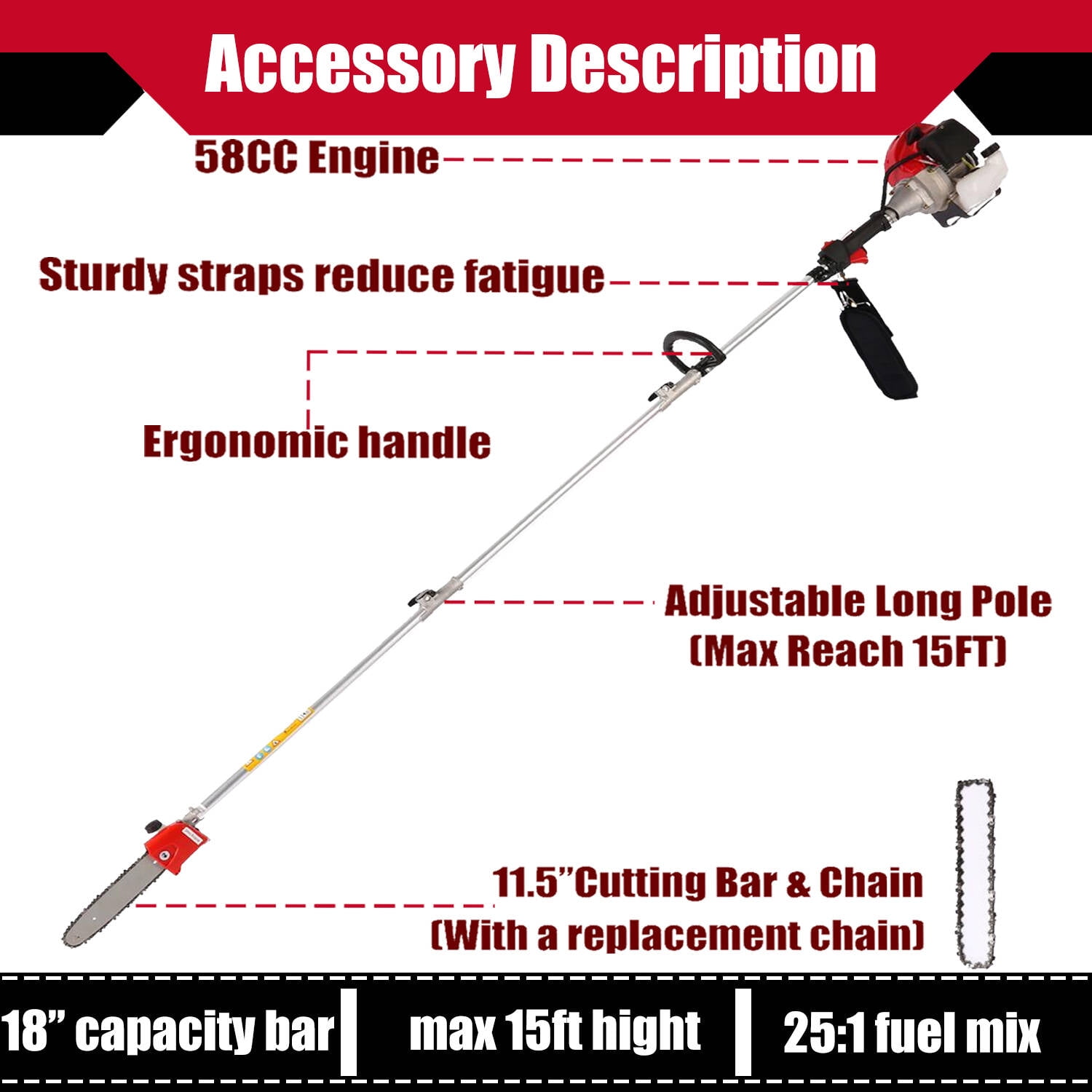 Adnoom 58cc Gas Pole Saw Chainsaw for Tree Trimming, Extendable Branch Cutter with 11.5 in Guide Bar (Red, 10 ft) vujqf