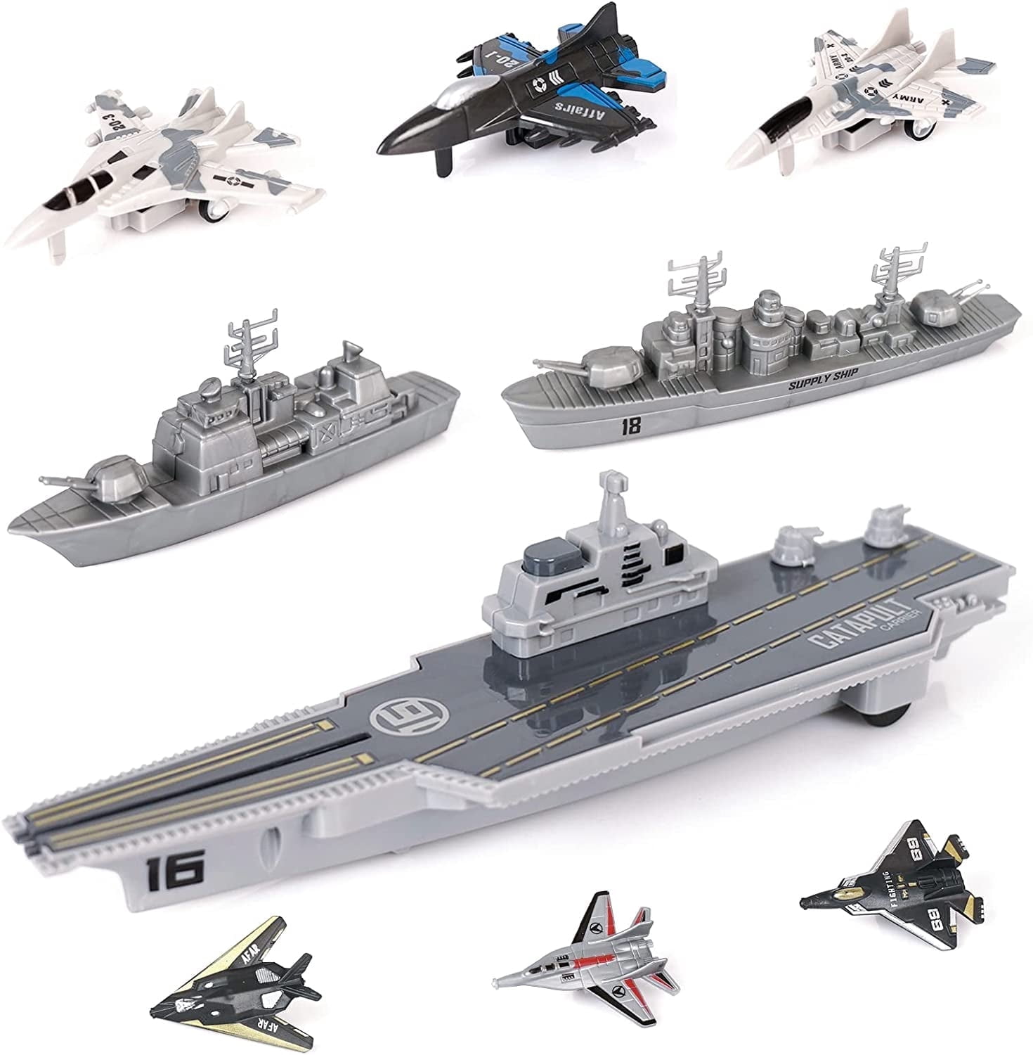 TYMZDYN Military Aircraft Carrier Playset with Fighter Jets and Battleships (9 Piece Set) 9rp12