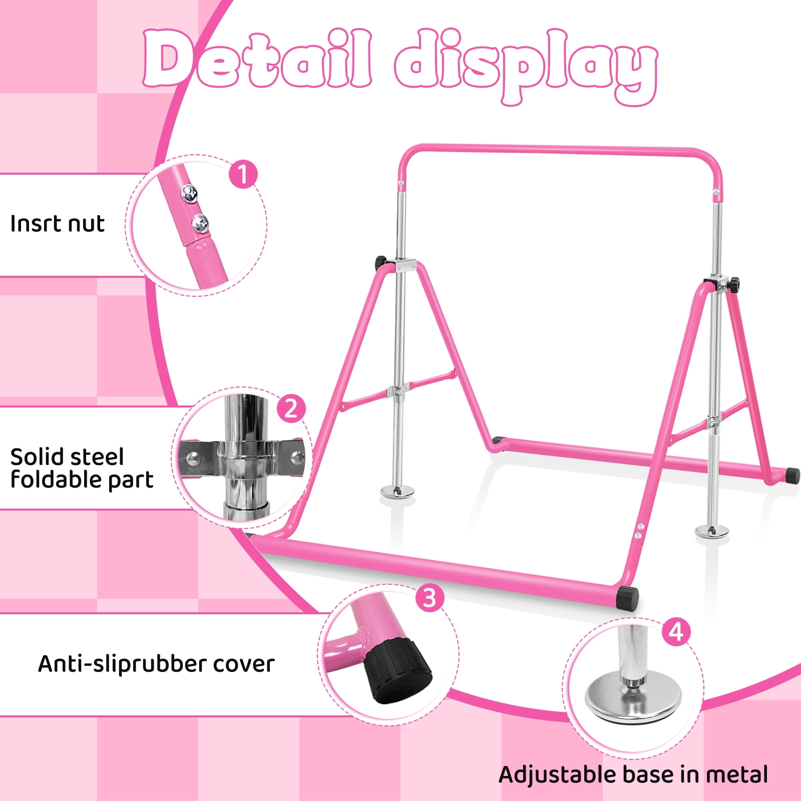 Primy Gymnastics Bar for Kids, Height Adjustable Horizontal Training Bar, Foldable Home Exercise Equipment (Pink, 150 lb Capacity) zca0t