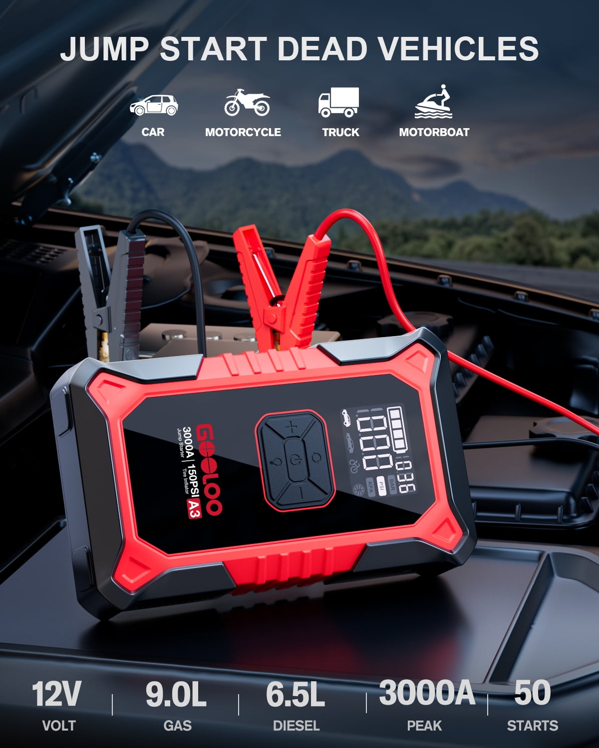 Gooloo 3000A Portable Car Battery Jump Starter with 150PSI Air Compressor (Red, 1 Unit) zeabv