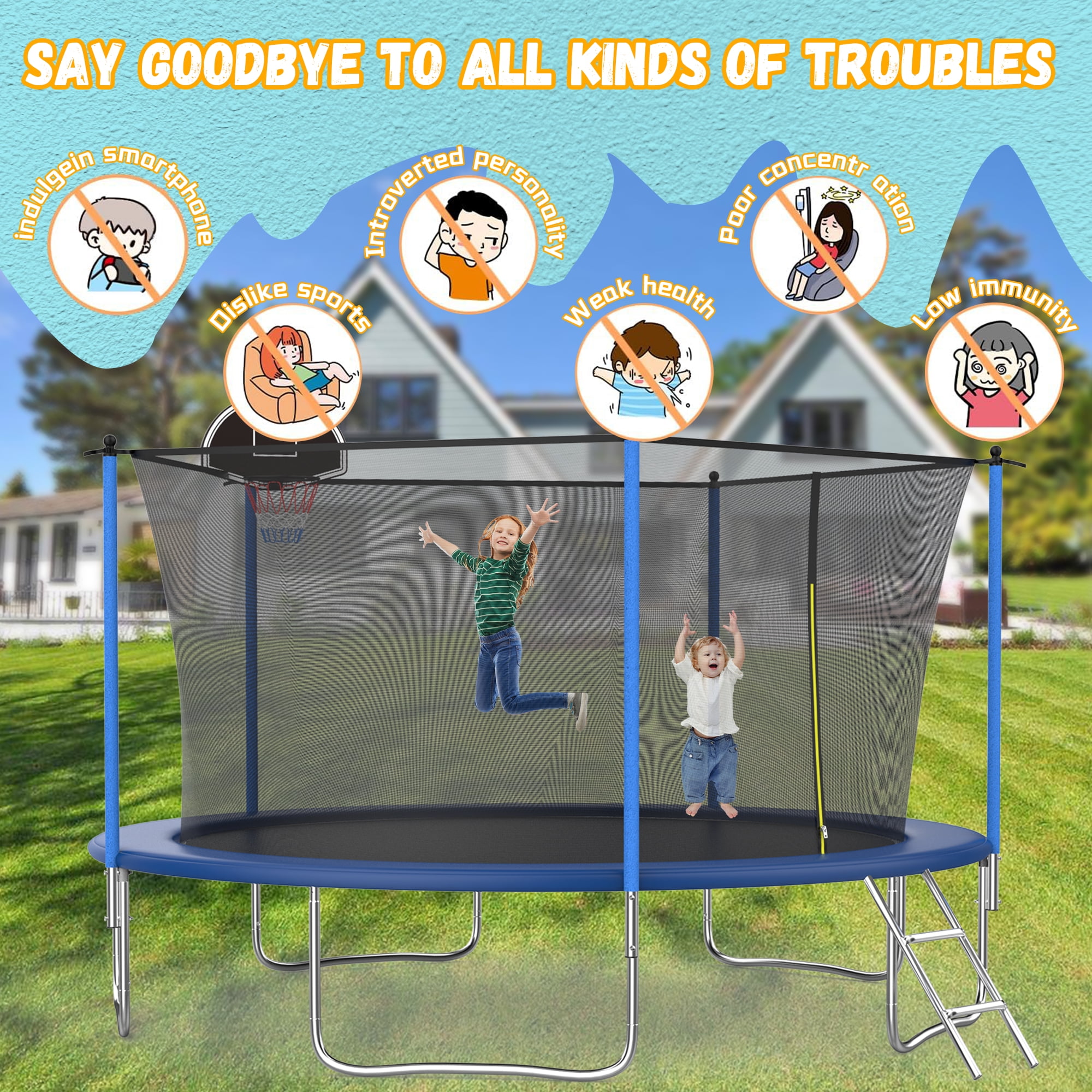 Shengchao Trade 14 ft Recreational Trampoline with Safety Enclosure and Ladder (Blue, 1600 lb Capacity) nyjsg