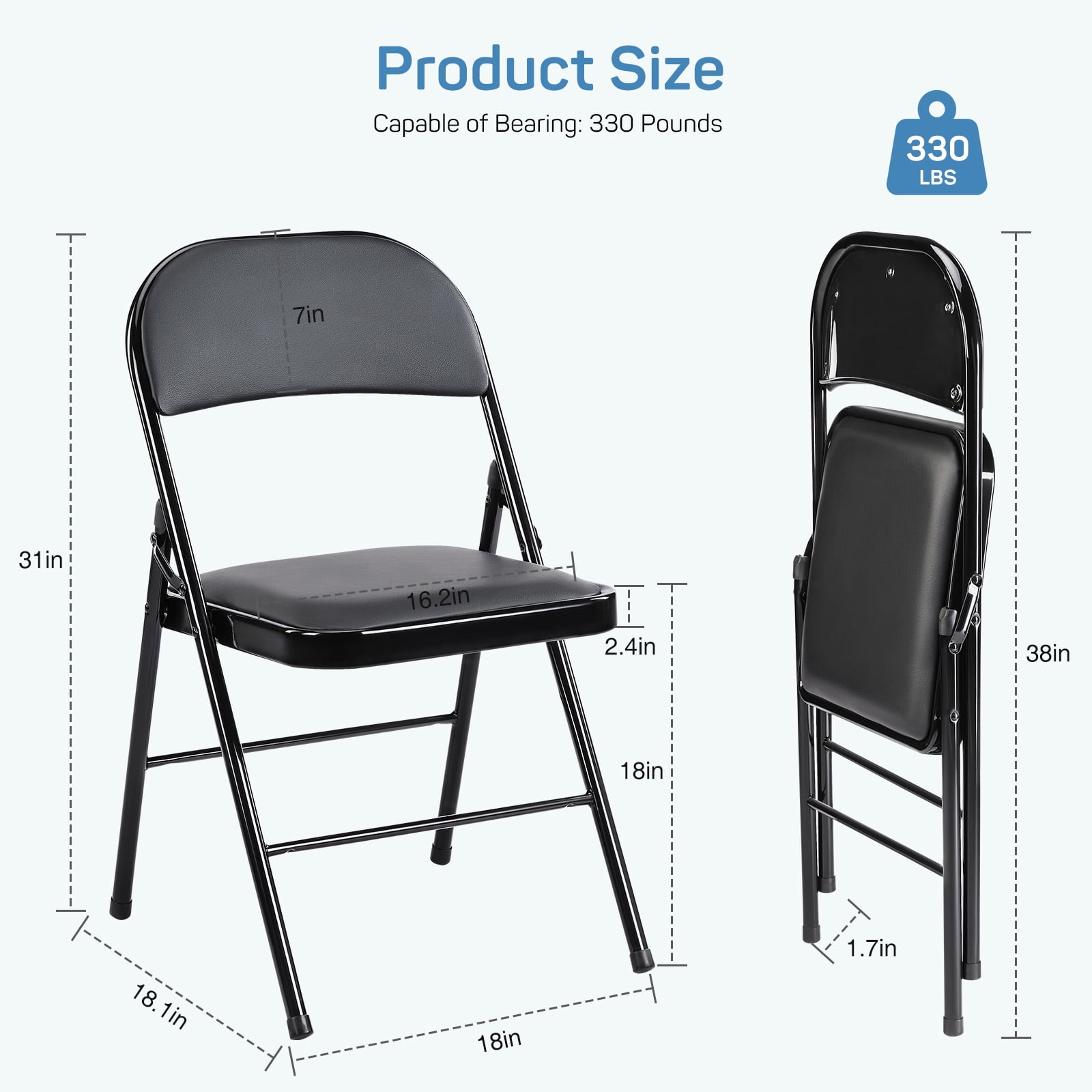 Atilioo Folding Chairs with Padded Leather Seat and Metal Frame (Black, 2 Pack) abbr4