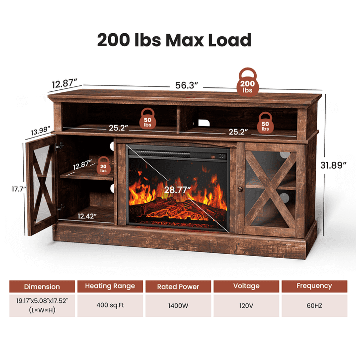 CHITOOMA Electric Fireplace TV Stand for 75 inch TVs Farmhouse Media Console (Vintage Brown, 23 in Fireplace) vppl5