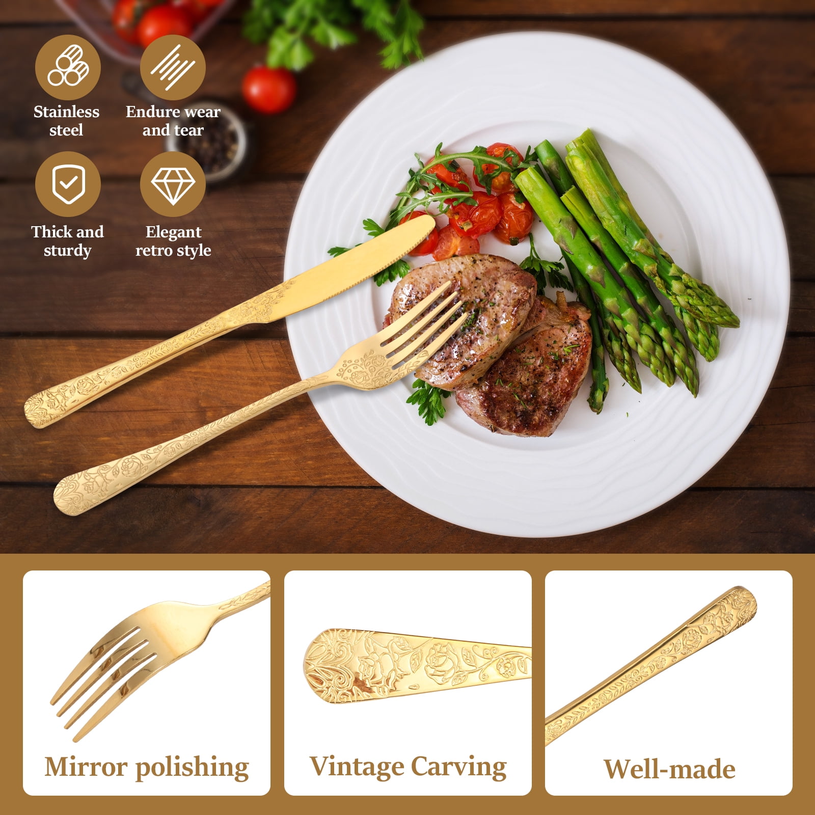 Jetcloudlive 20-Piece Floral Stainless Steel Flatware Set, Vintage Mirror Polished Cutlery for 4 (Gold, 20-Piece) 7d3kh