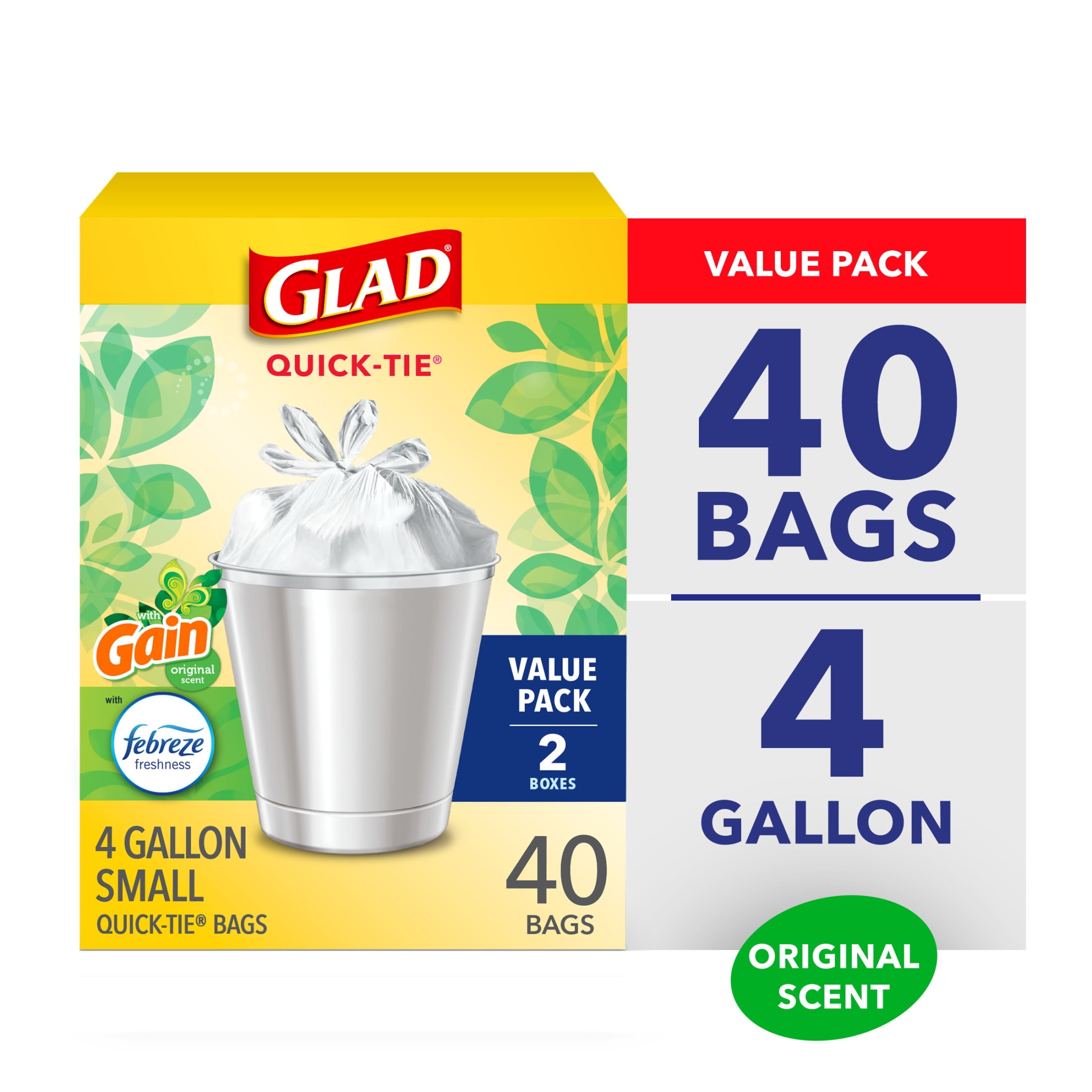 Glad Small Trash Bags with Quick-Tie Flaps, Gain Original Scent with Febreze Freshness (4 Gallon, 40 Count) rweiv