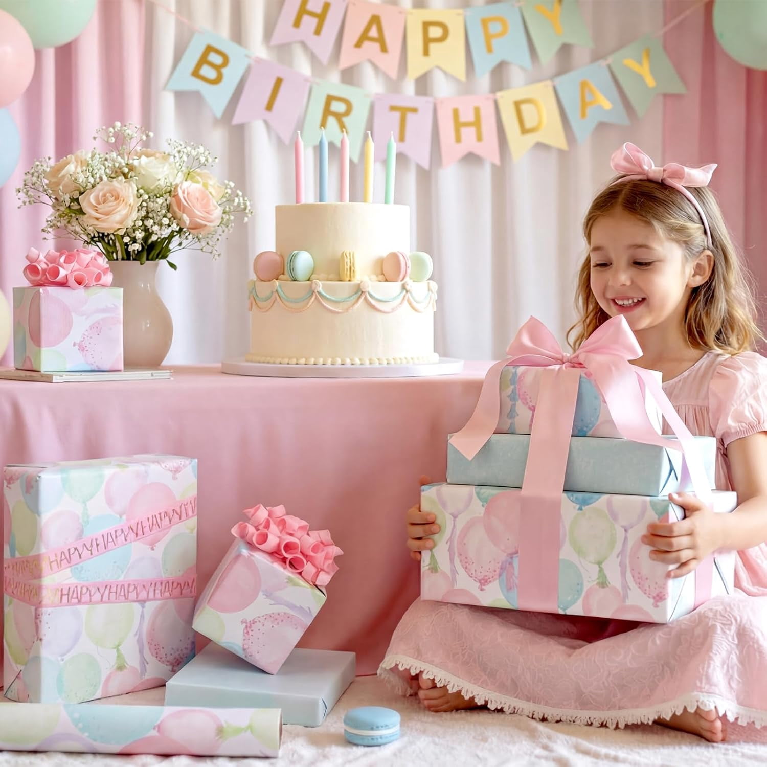 Generic Pastel Birthday Wrapping Paper, Watercolor Balloon Confetti Design for Kids and Adults (Multicolor, 17 in x 33 ft) 5ijy8