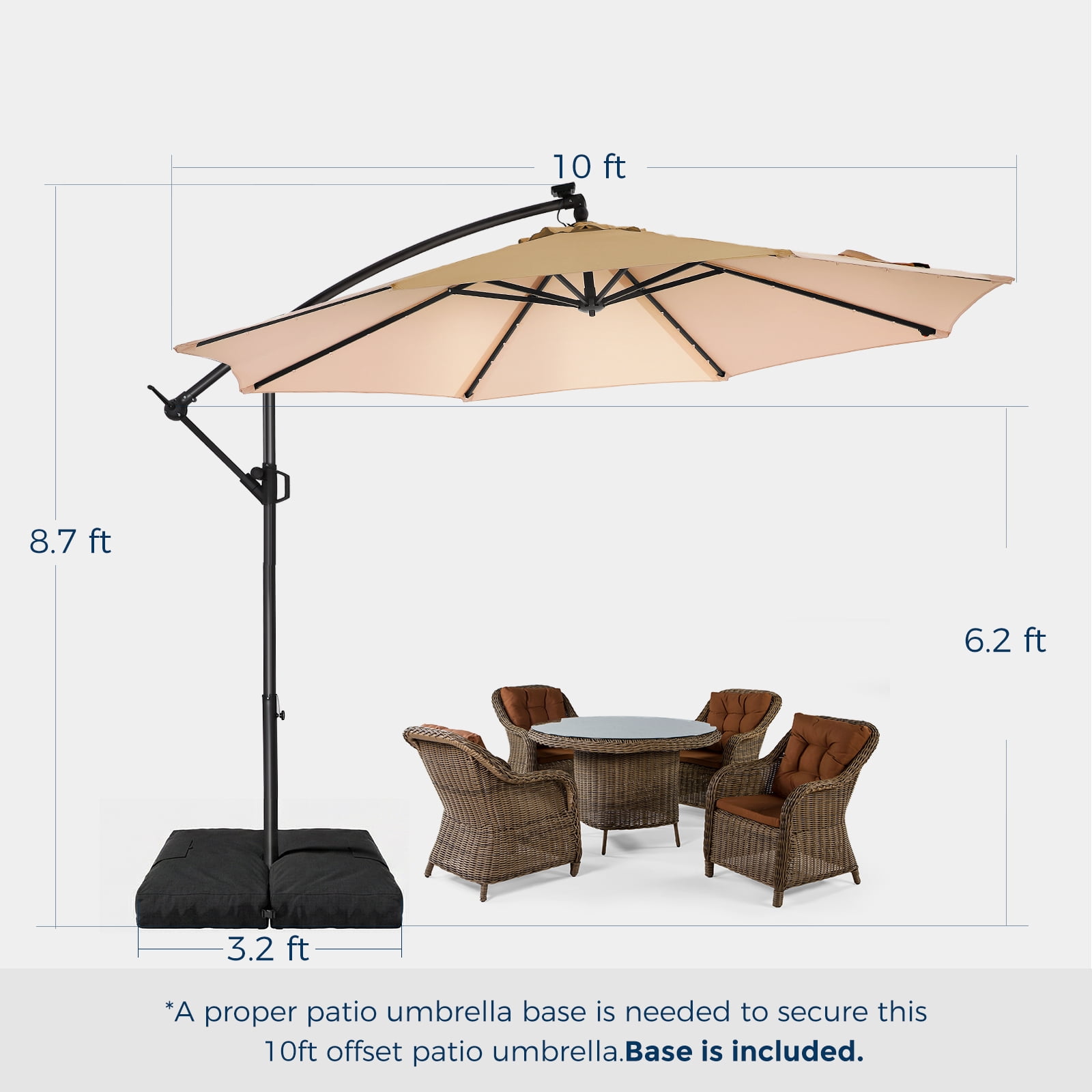 Patbrela 10ft Offset Patio Umbrella with Base, Cantilever Hanging Outdoor Shade with Solar LED Lights and Infinite Tilt (Beige, 10 ft) 99u9u