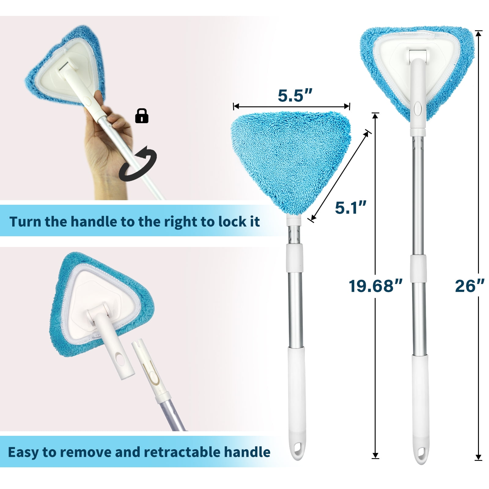 ITTAHO Car Windshield Cleaning Tool with Extendable Handle and 3 Washable Microfiber Pads (White, 19.6 in to 26 in) jzzqe