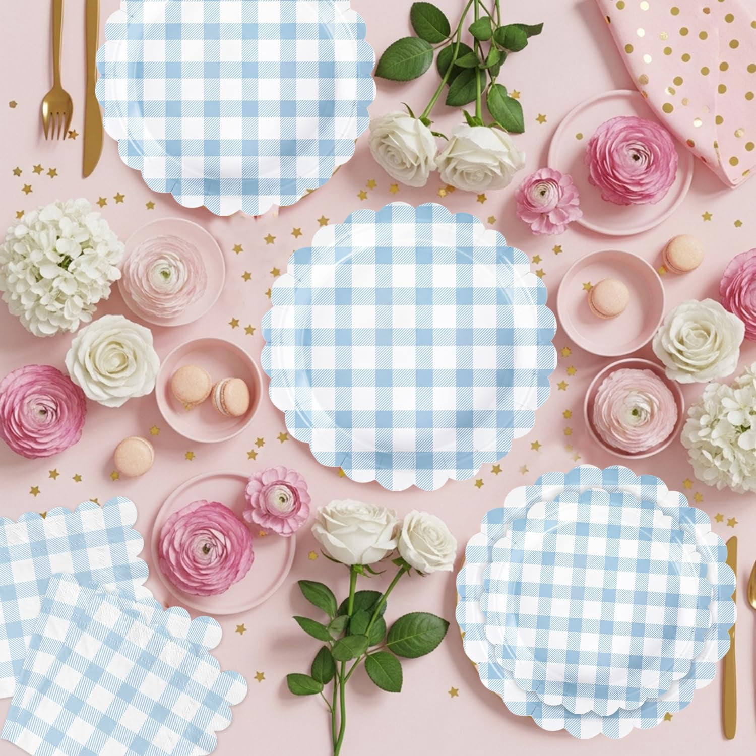 Gingham Party Supplies Disposable Scalloped Plate and Napkin Set (Light Pink, 100 Piece) dpszd