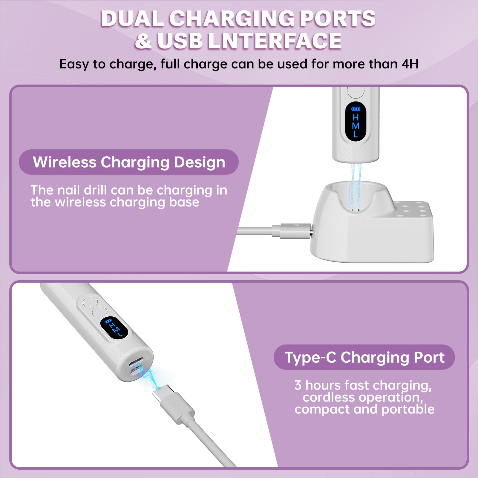 Cshidworld Electric Nail Drill Kit, Cordless Manicure Pedicure File with 12 Drill Bits & Wireless Charging Base (White) p2y0f