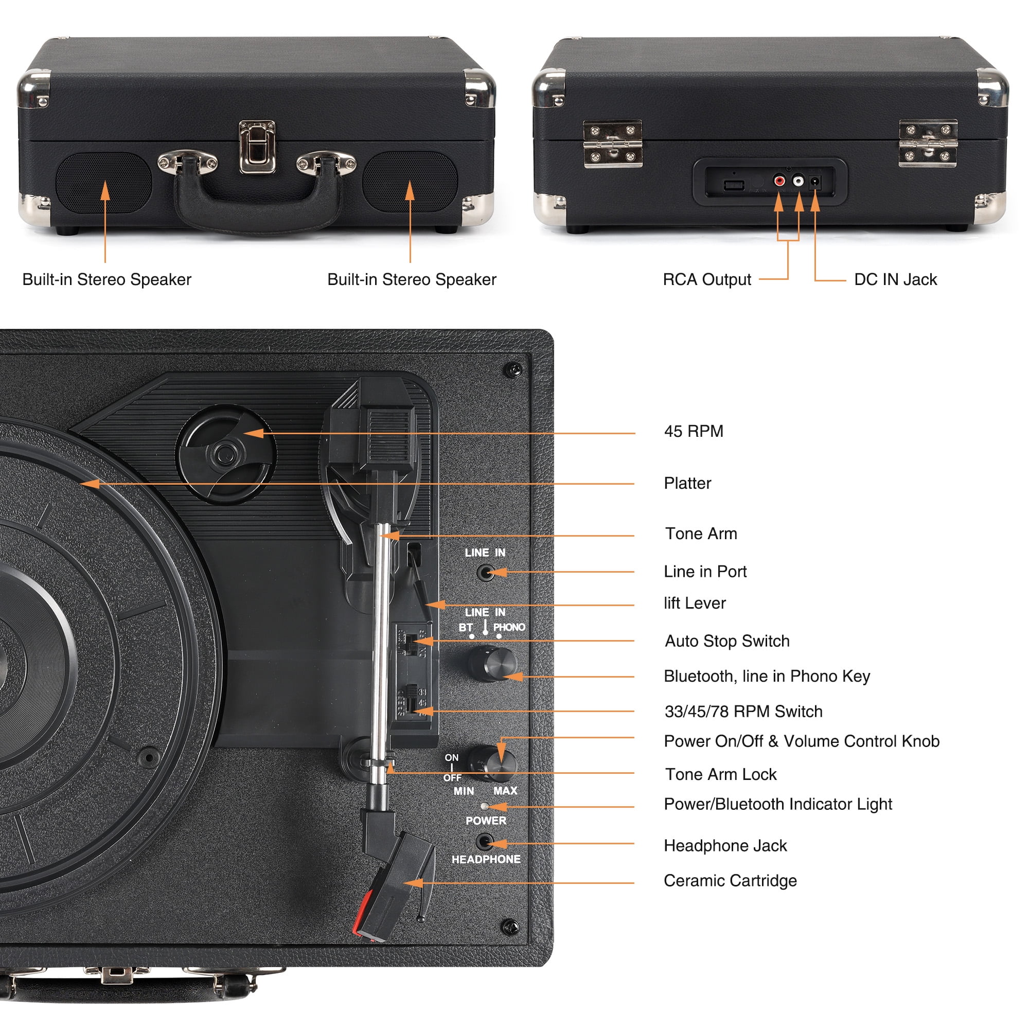 Udreamer Portable Suitcase Vinyl Record Player with Built-in Speakers (Black) 61avj