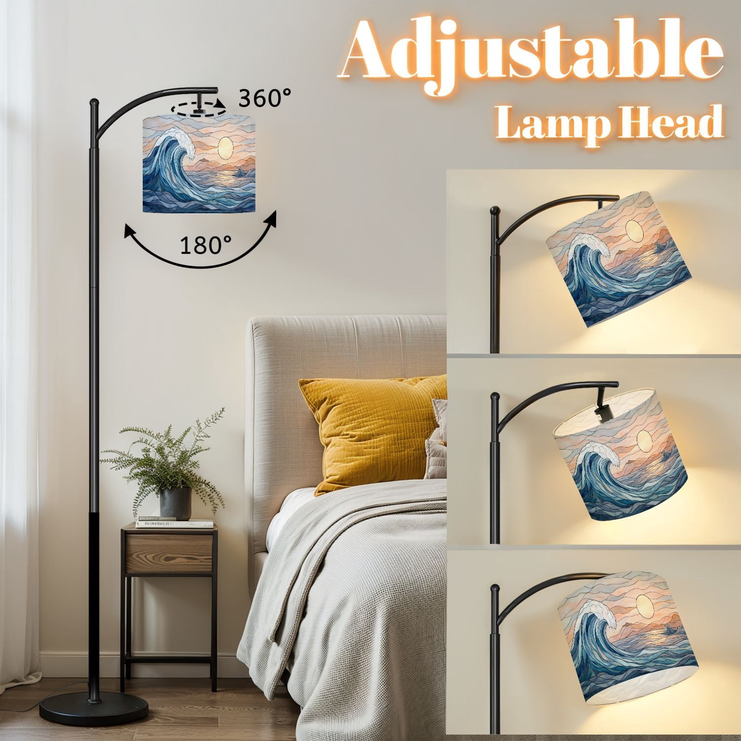 RAINFALLARING Arc Floor Lamp with Adjustable Lampshade, Dimmable LED Standing Pole Lamp with Remote and Foot Switch (Ocean Wave, 63 in) gg34s