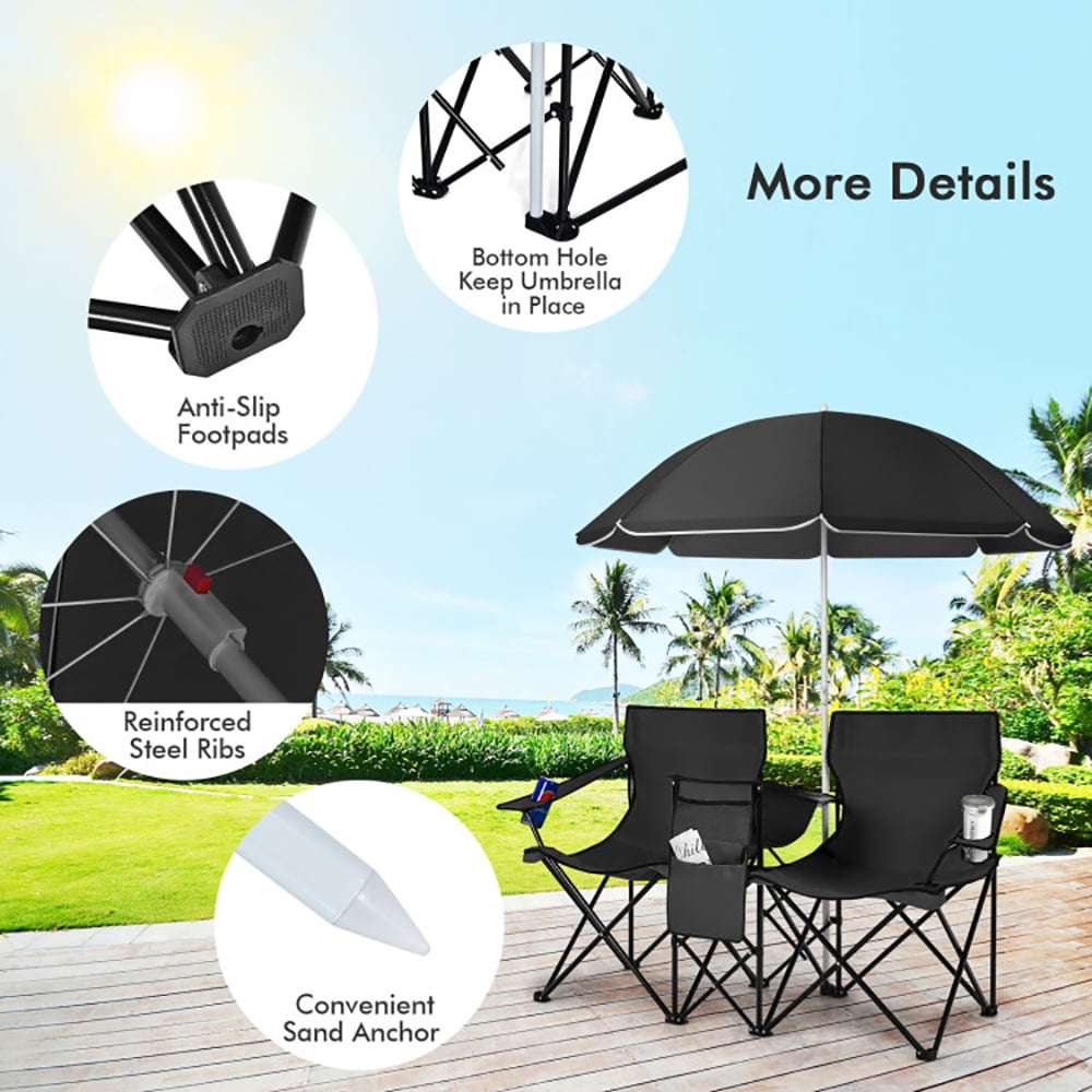 Kadyn Double Folding Camping Chair with Umbrella, Portable Outdoor Picnic Loveseat with Cooler Bag (Black, 2-Seat) vqnre