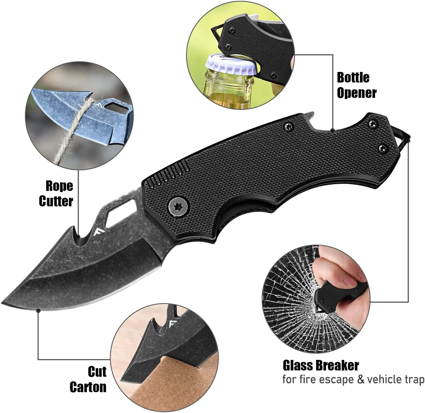 FLISSA Mini Folding Pocket Knife, Stainless Steel Drop Point Blade, EDC Utility Tool with Glass Breaker (Black, 6 in) fax3o